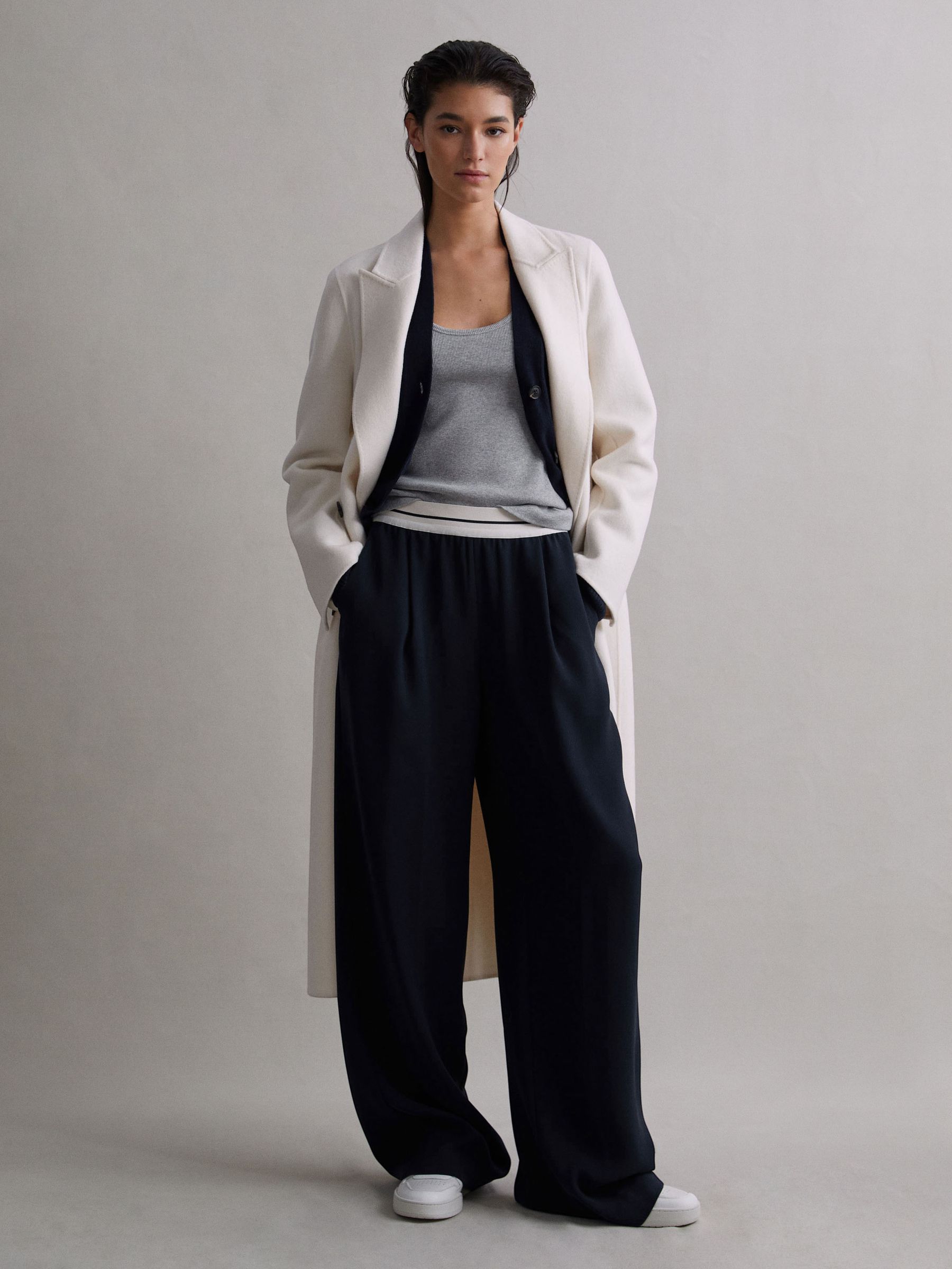 Wide Leg Elasticated Trousers in Navy - Image 1 of 7