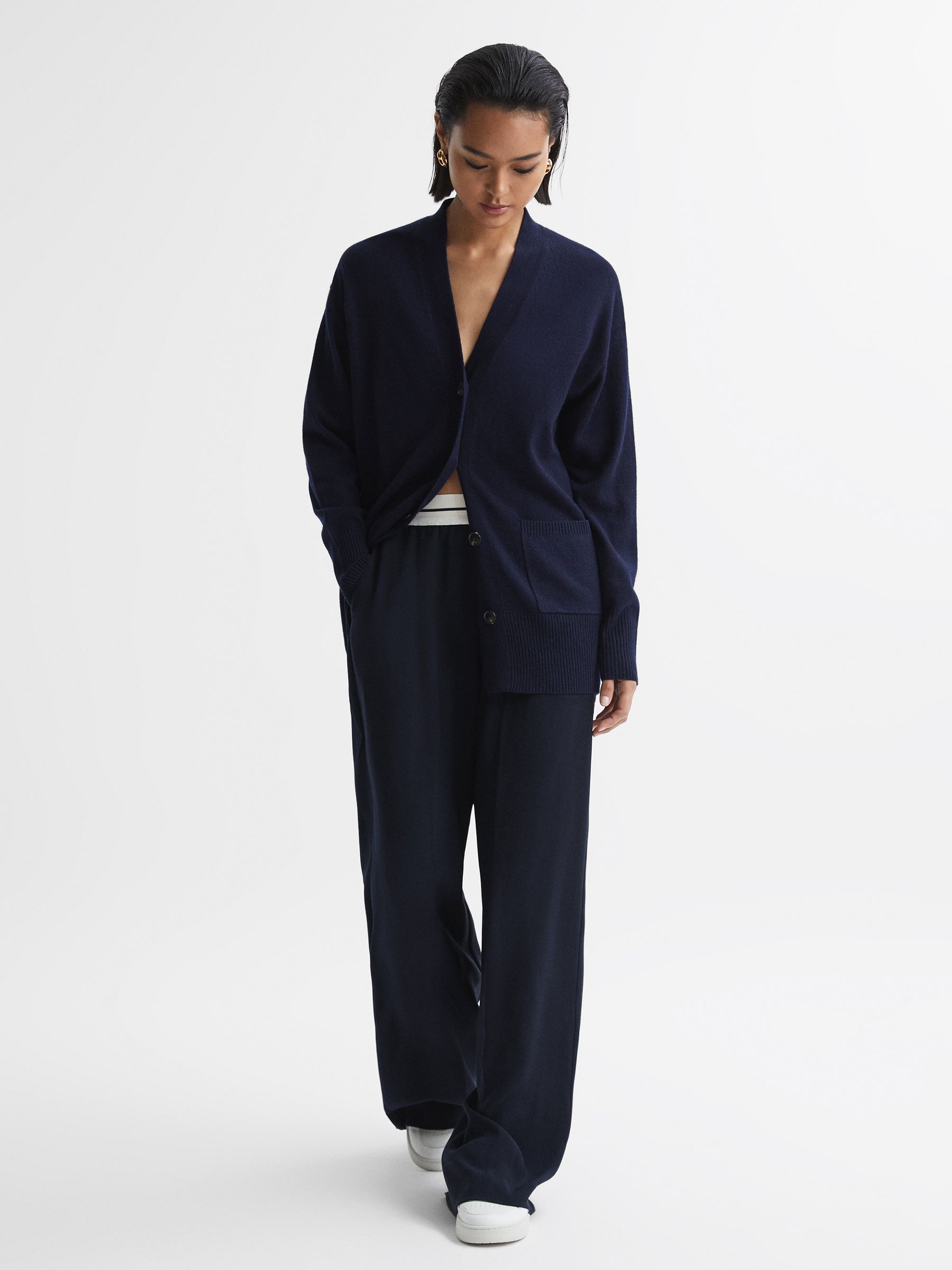 Wide Leg Elasticated Trousers in Navy - Image 3 of 7