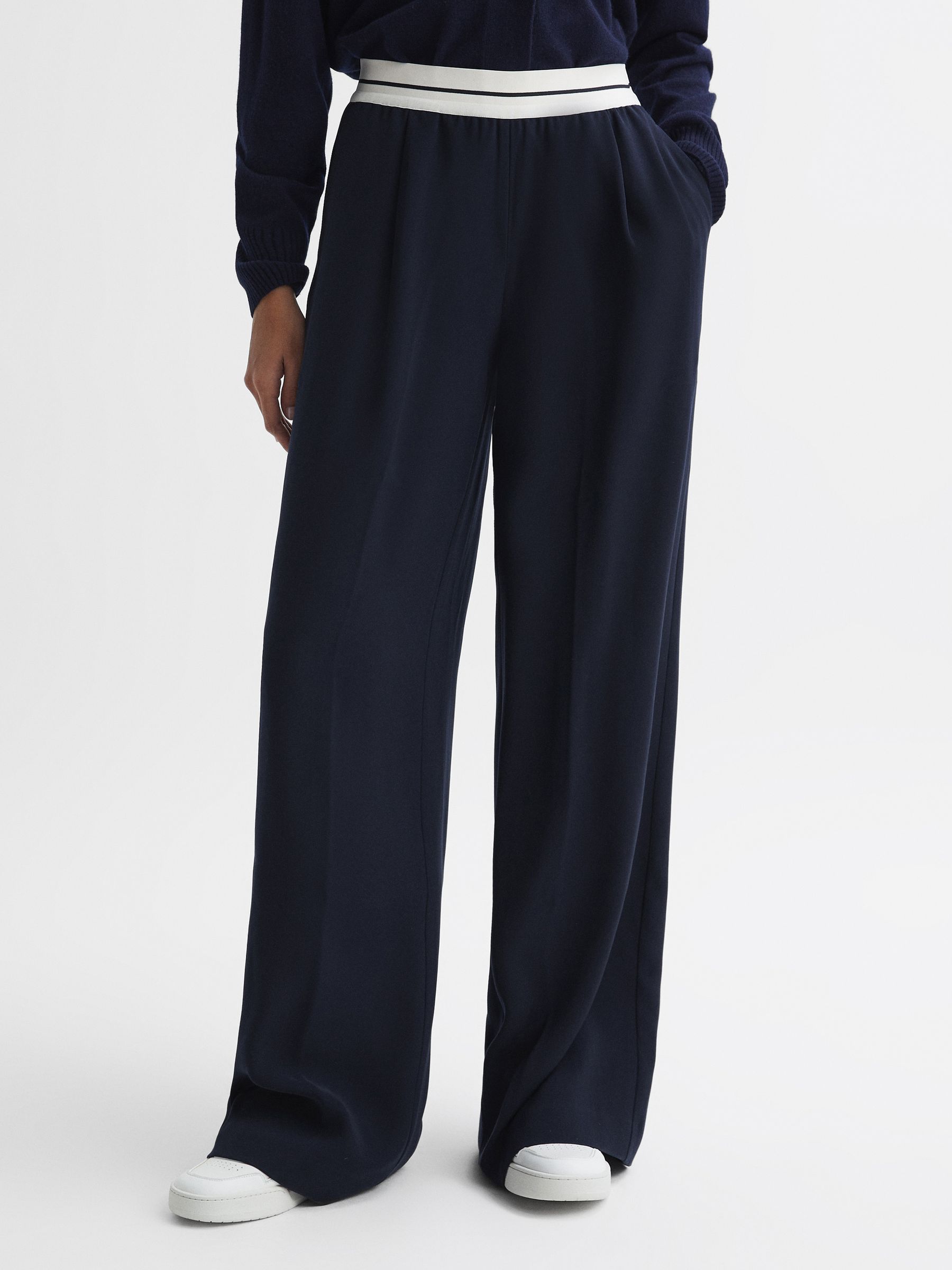 Wide Leg Elasticated Trousers in Navy - Image 4 of 7