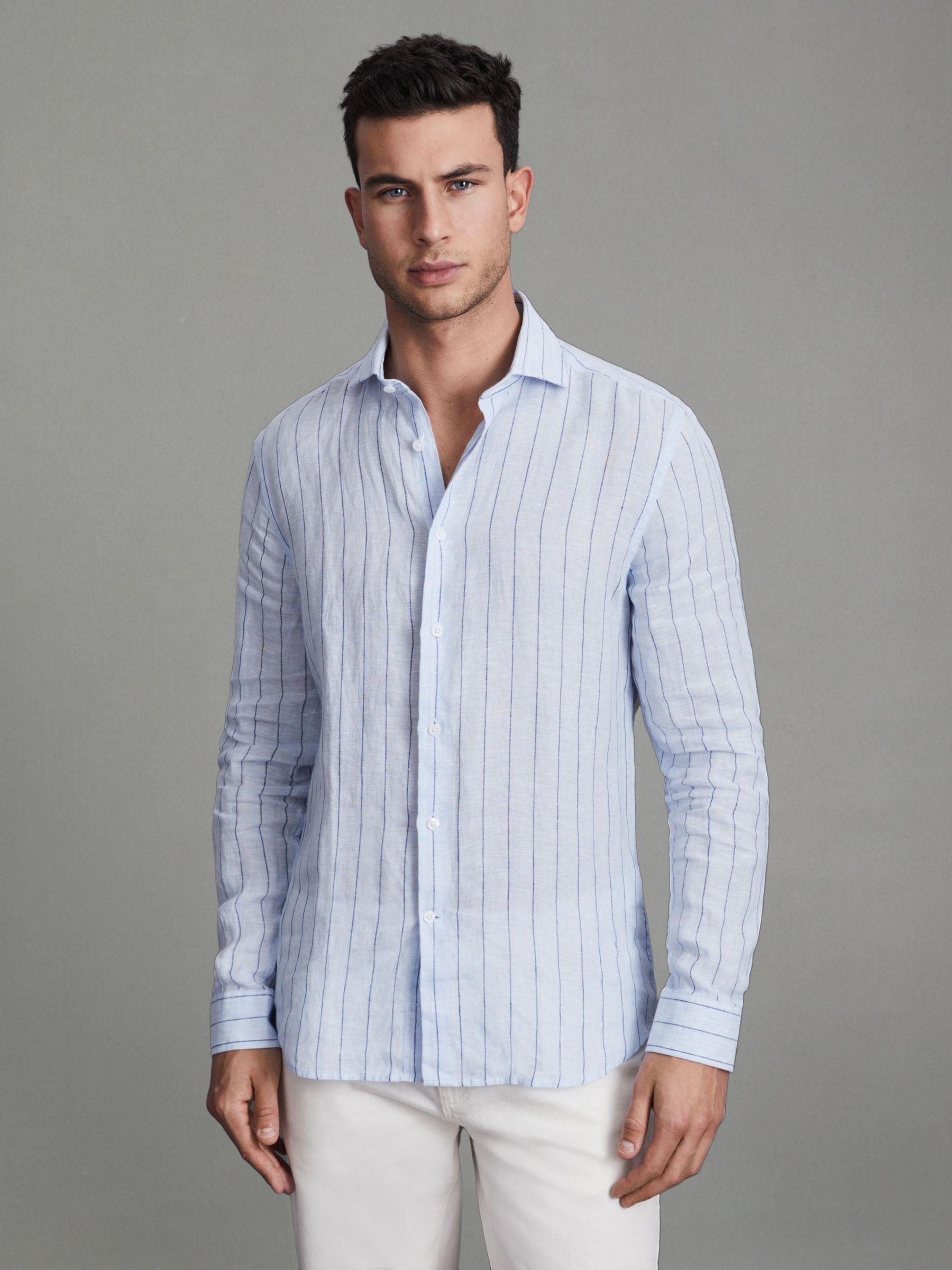 Linen Button-Through Shirt in Soft Blue Pin Stripe - Image 3 of 5