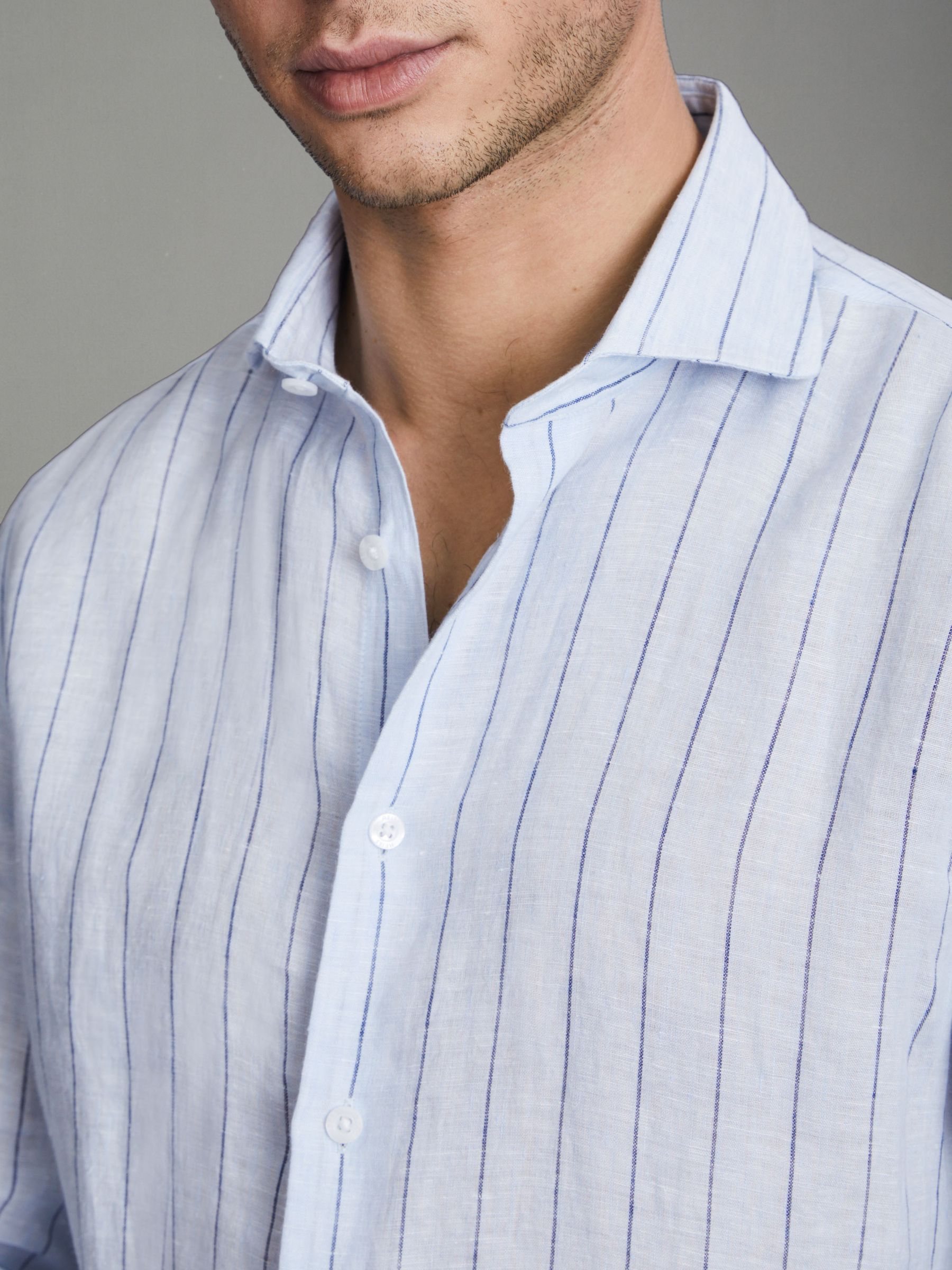 Linen Button-Through Shirt in Soft Blue Pin Stripe - Image 4 of 5