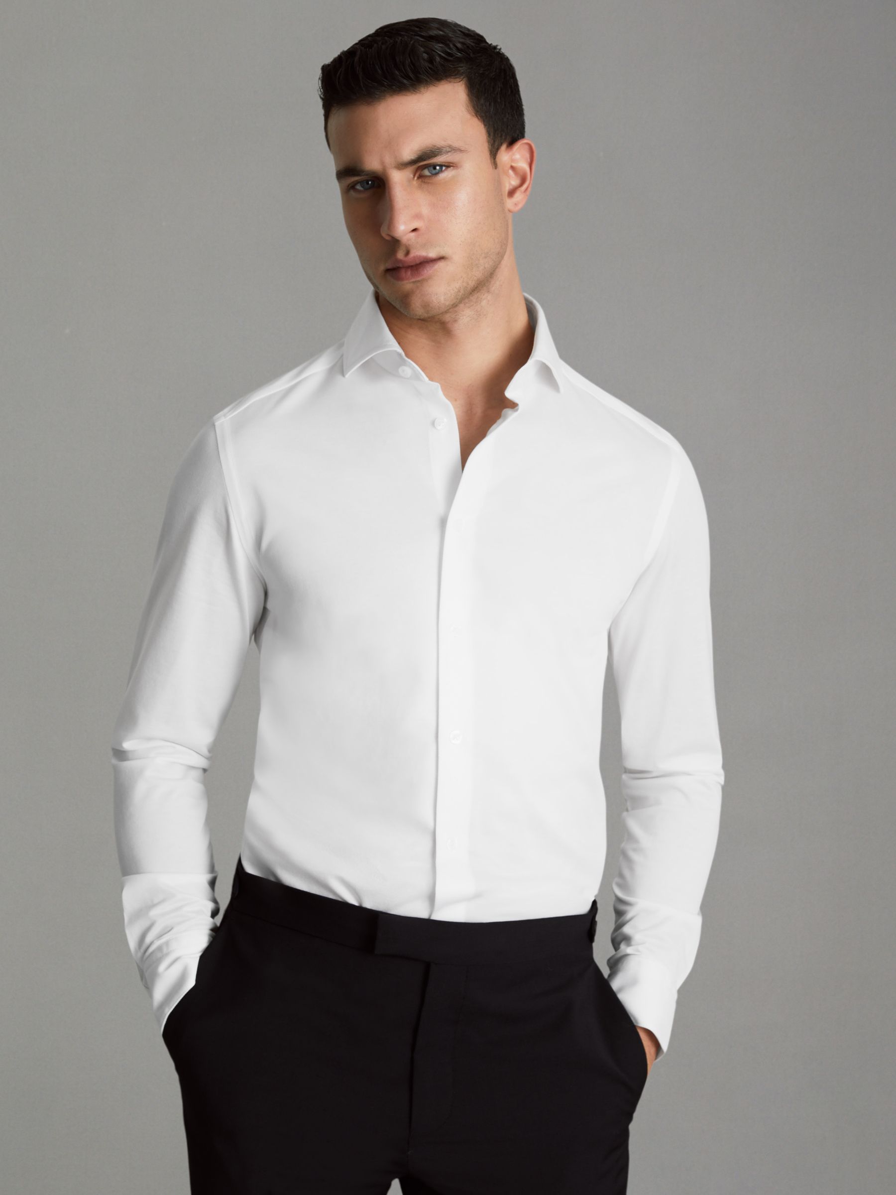 Cutaway Collar Jersey Slim Fit Shirt in White - Image 1 of 6