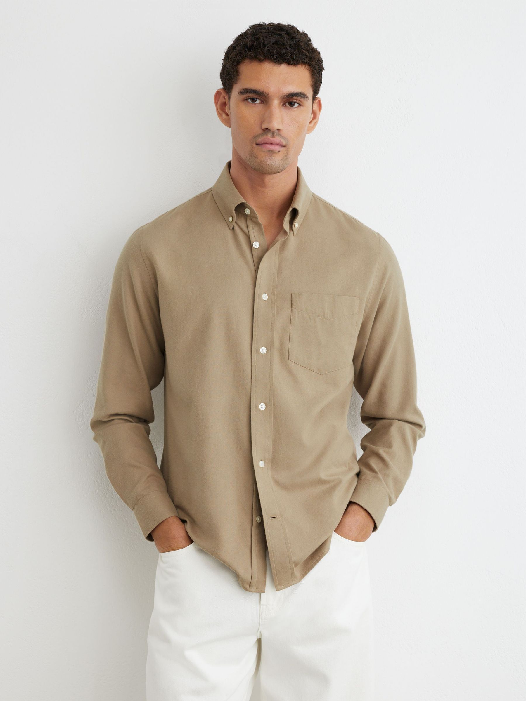 Cotton Flannel Button-Down Shirt Regular-Fit in Taupe Brown - Image 3 of 6