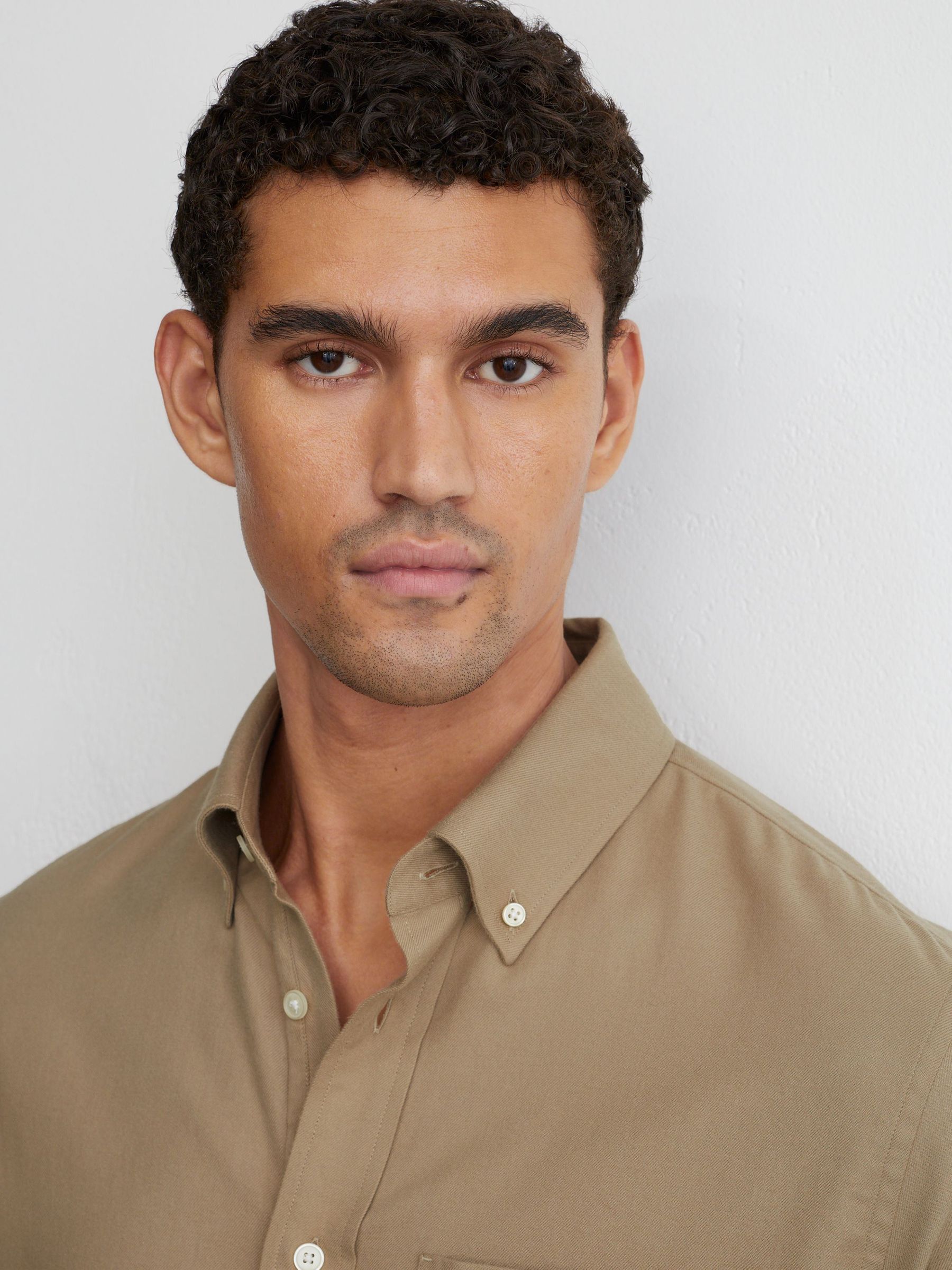 Cotton Flannel Button-Down Shirt Regular-Fit in Taupe Brown - Image 4 of 6