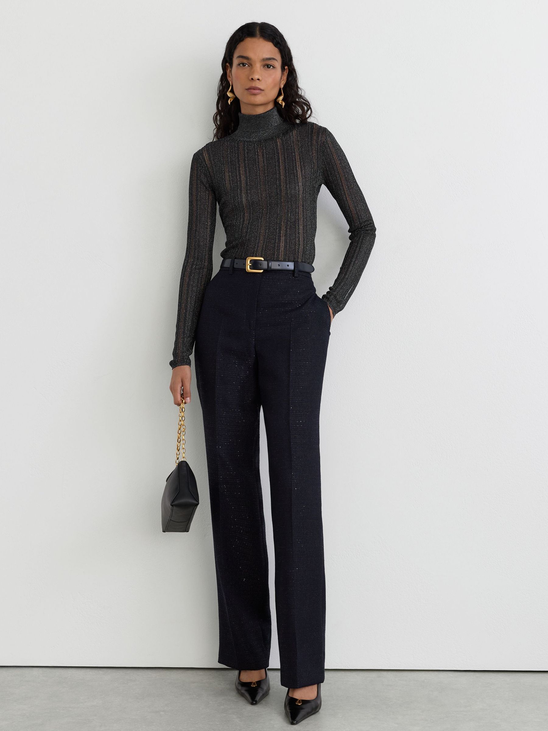 Metallic Open-Knit Roll-Neck Top in Navy - Image 3 of 7
