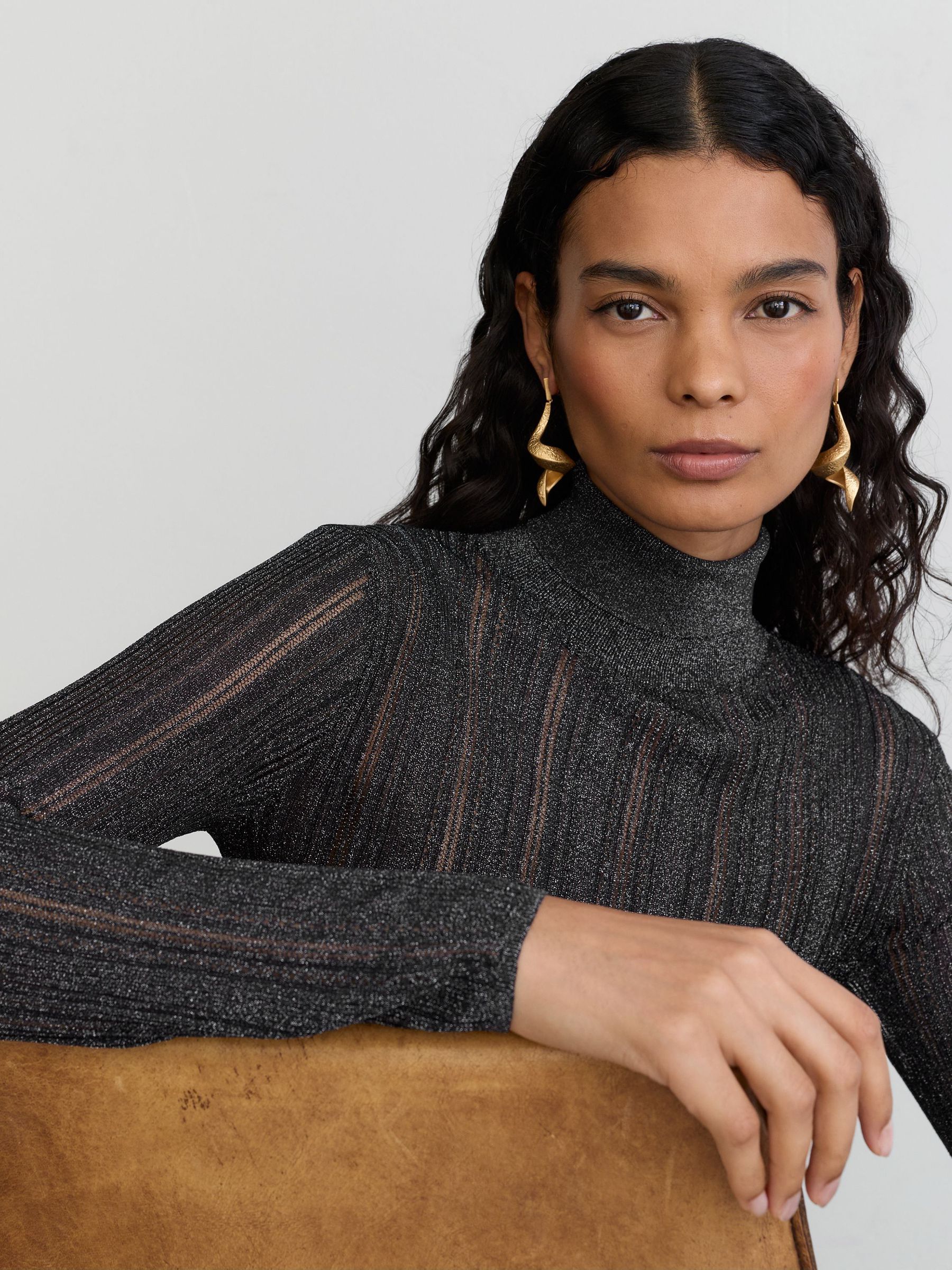 Metallic Open-Knit Roll-Neck Top in Navy - Image 4 of 7