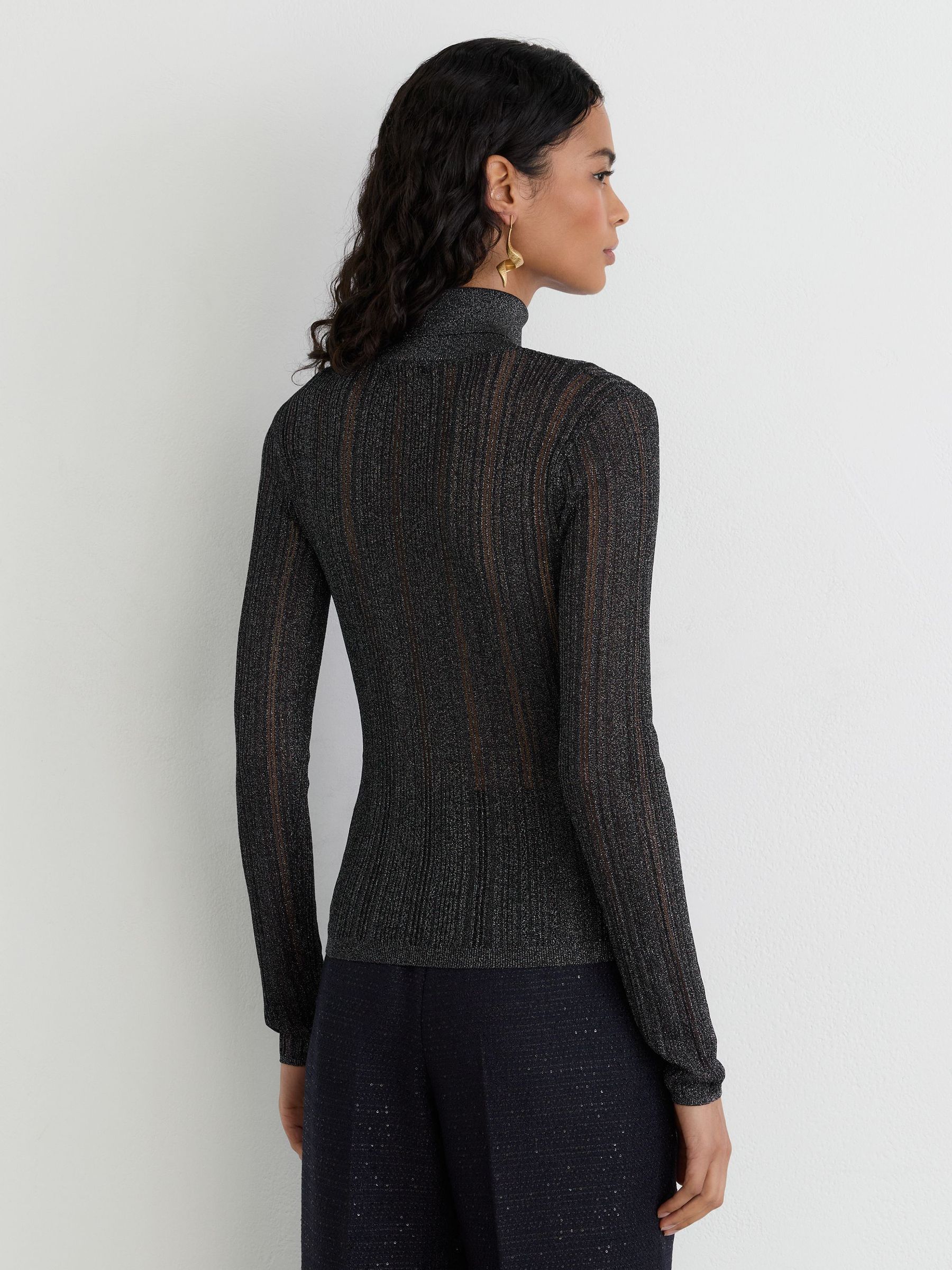 Metallic Open-Knit Roll-Neck Top in Navy - Image 5 of 7