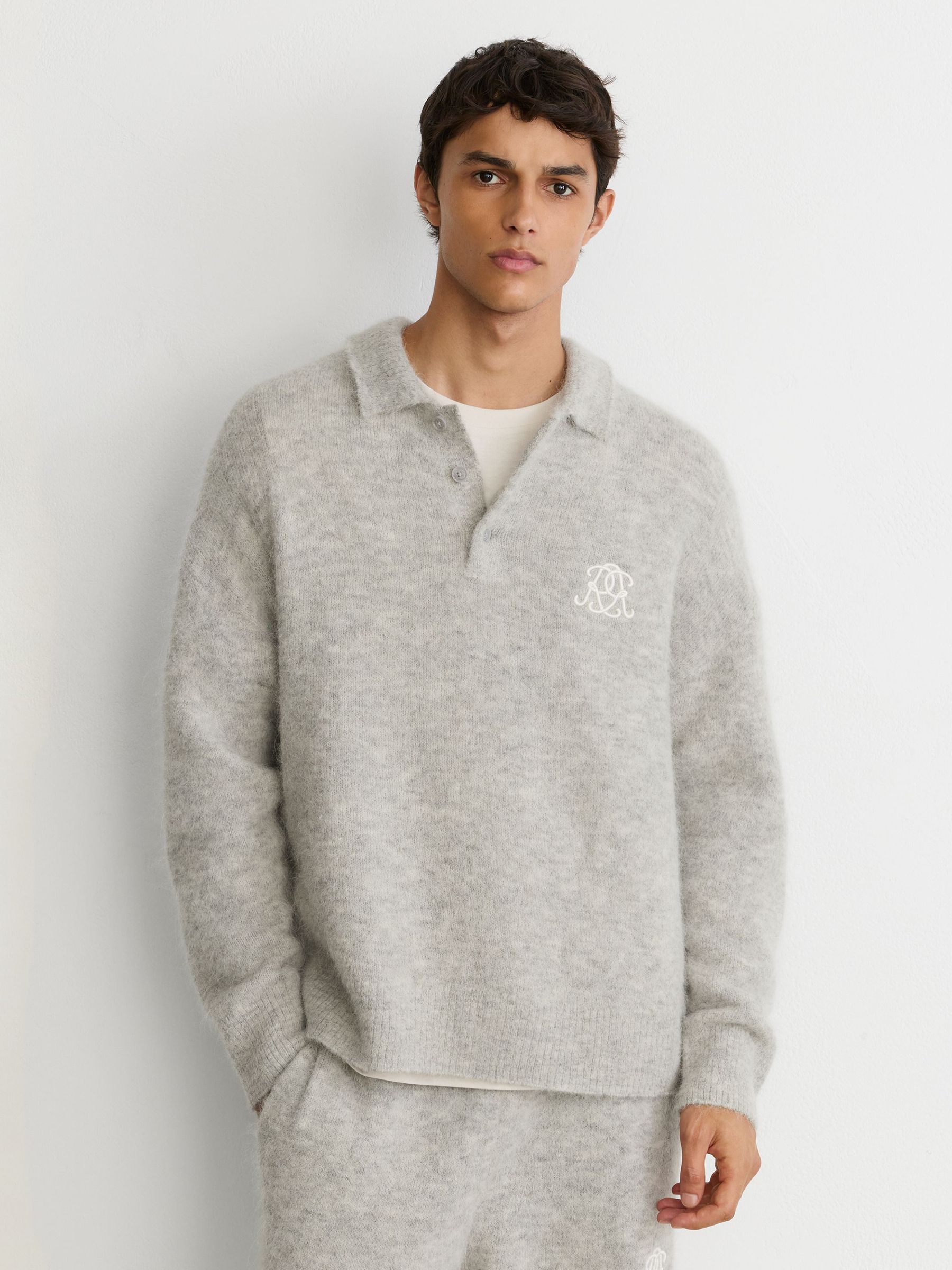 Monogram Brushed Wool-Blend Polo Jumper in Soft Grey - Image 3 of 7