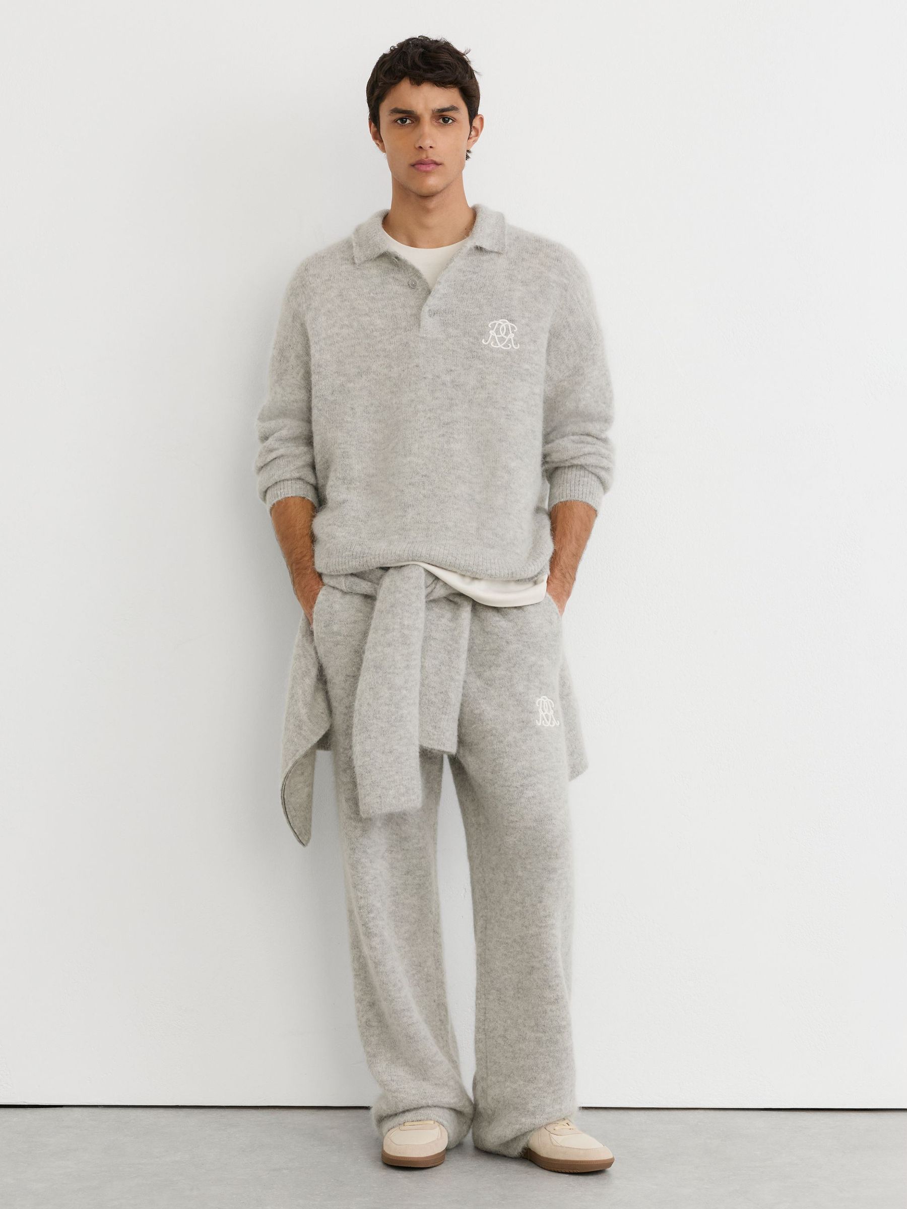 Monogram Brushed Wool-Blend Polo Jumper in Soft Grey - Image 5 of 7