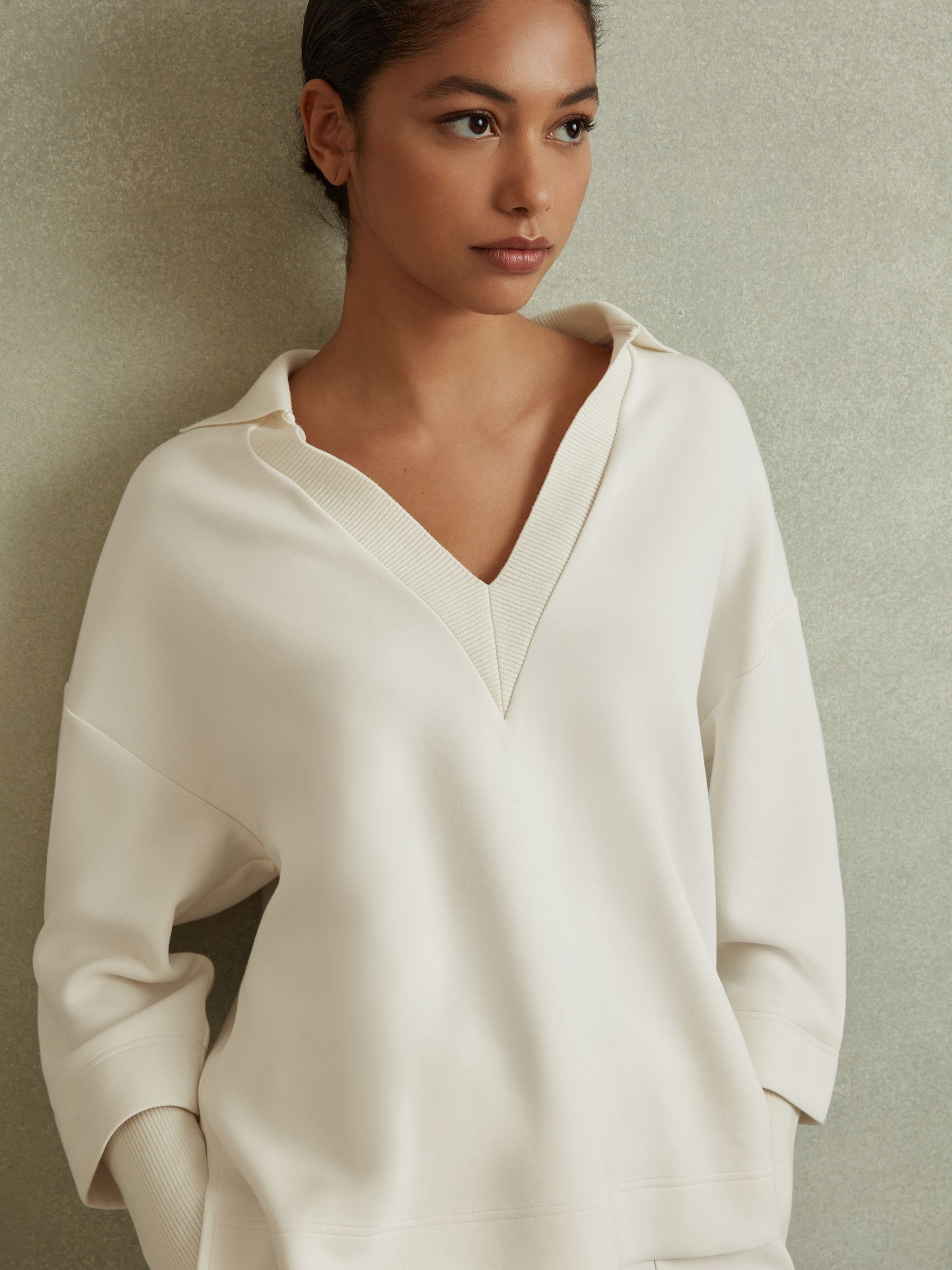Interlock Open-Collar Sweatshirt in Cream - Image 1 of 5 Interlock Open-Collar Sweatshirt in Cream - Image 1 of 5