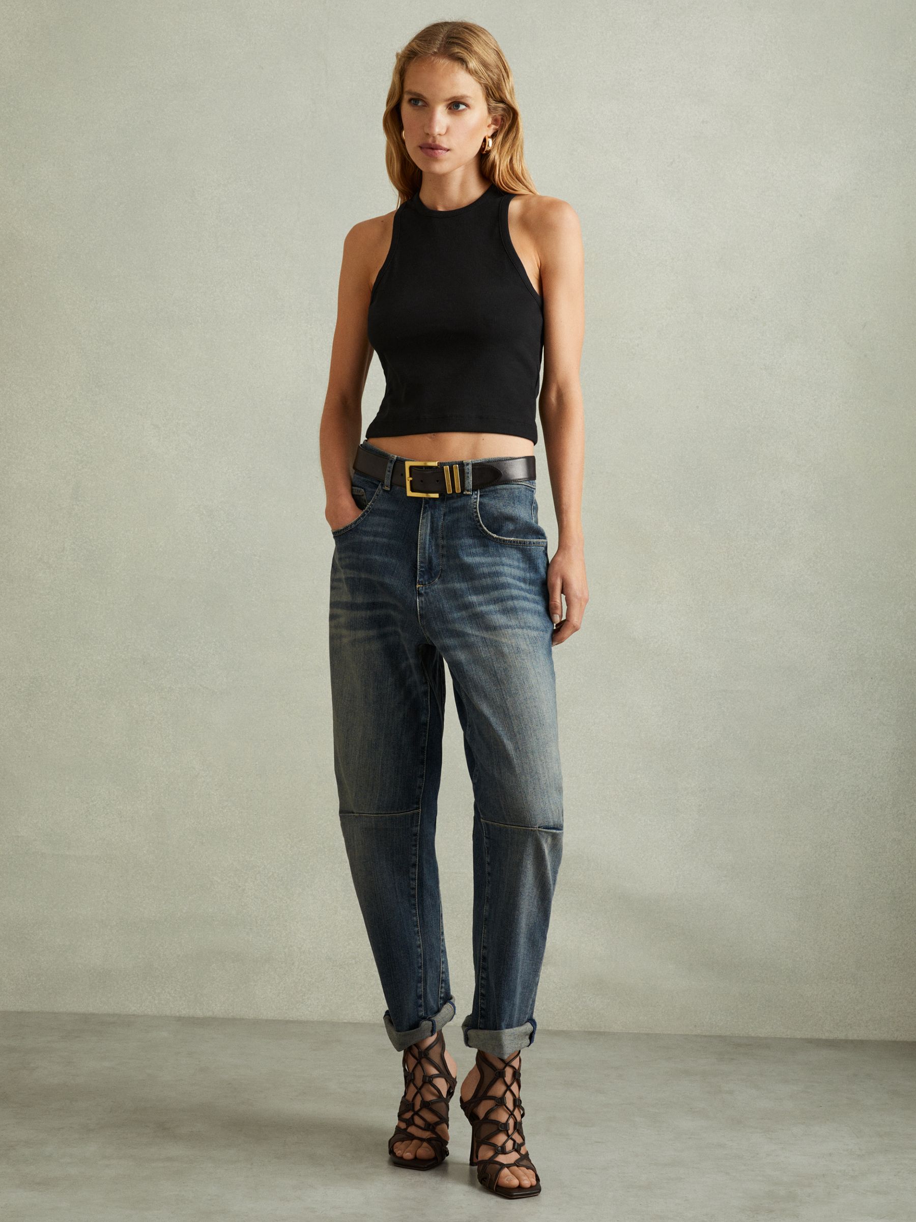 Ribbed Cotton Blend Cropped Vest in Black - Image 3 of 6