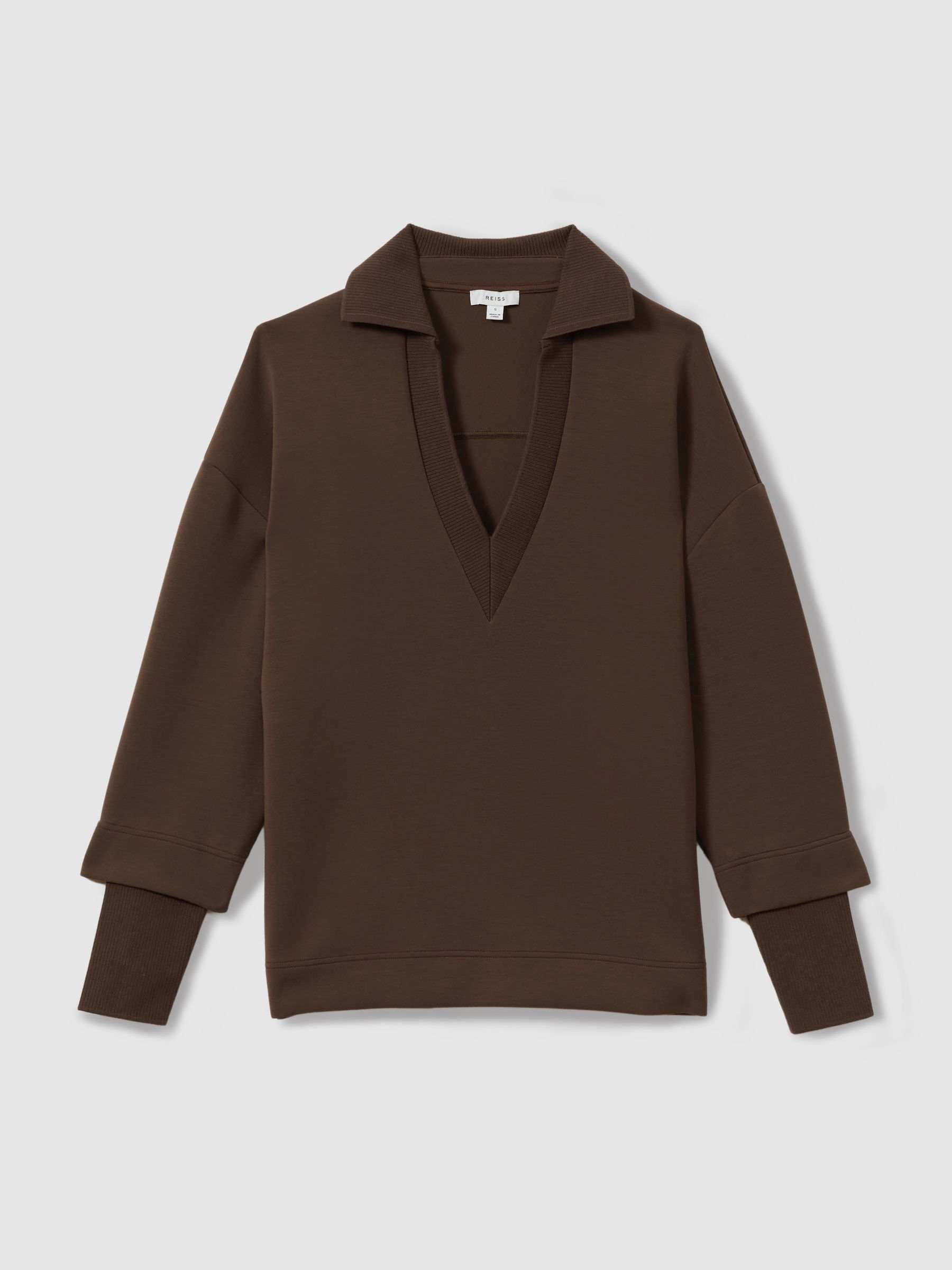 Relaxed Open-Collar Jumper in Chocolate - Image 2 of 6