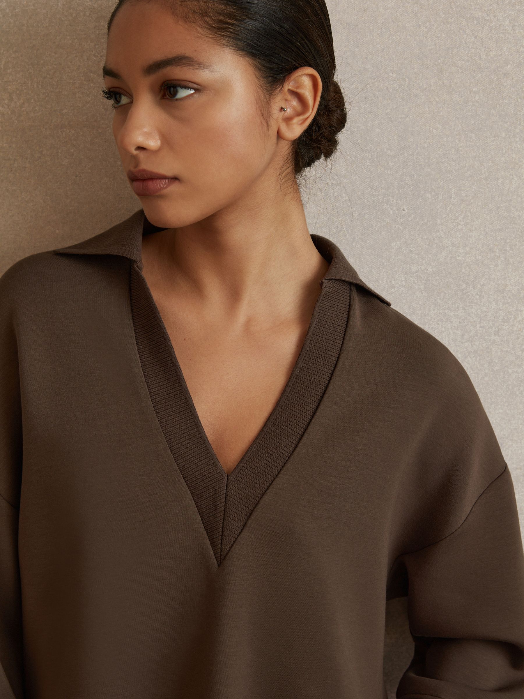 Relaxed Open-Collar Jumper in Chocolate - Image 3 of 6