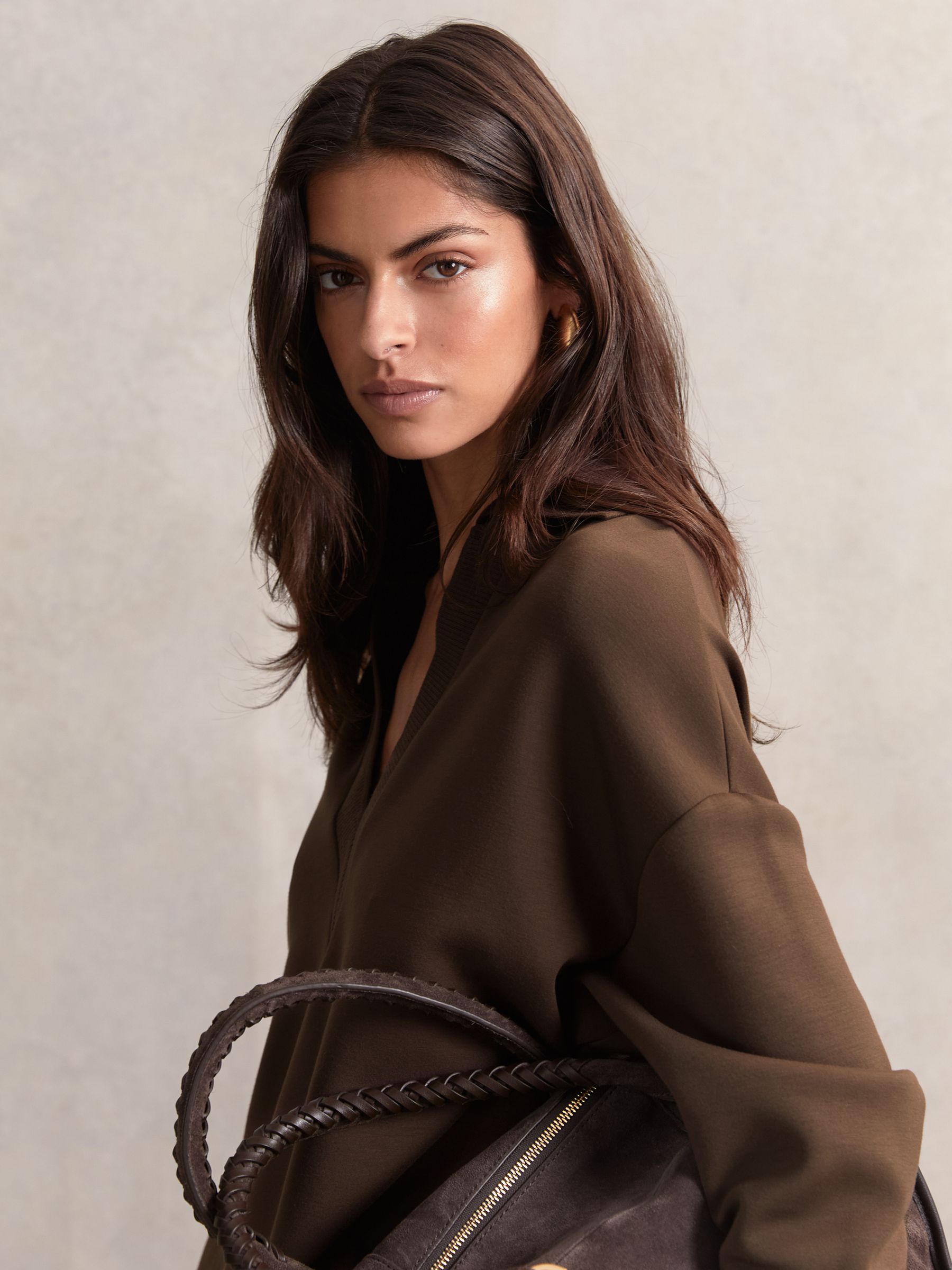 Interlock Open-Collar Sweatshirt in Chocolate - Image 7 of 8