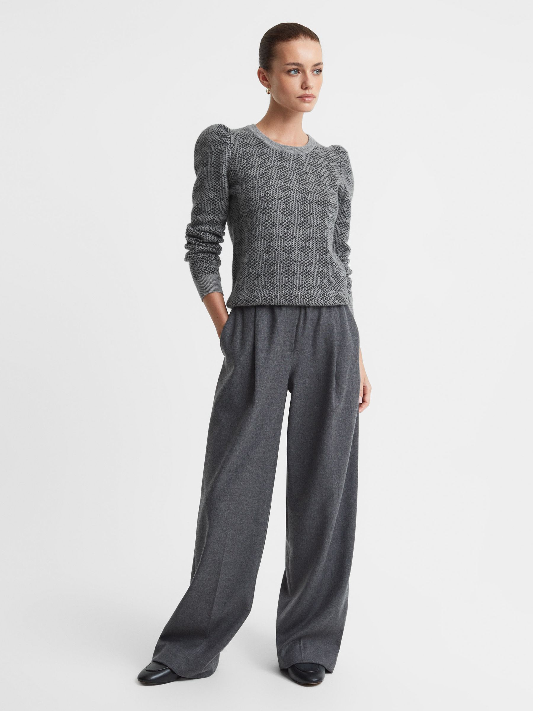 Madeleine Thompson Wool-Cashmere Check Puff Sleeve Jumper in Grey/Charcoal - Image 1 of 5 Madeleine Thompson Wool-Cashmere Check Puff Sleeve Jumper in Grey/Charcoal - Image 1 of 5