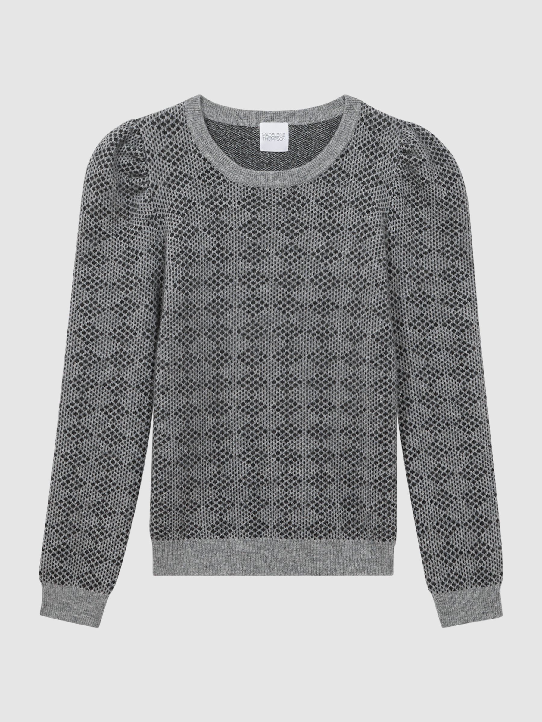 Madeleine Thompson Wool-Cashmere Check Puff Sleeve Jumper in Grey/Charcoal - Image 2 of 5
