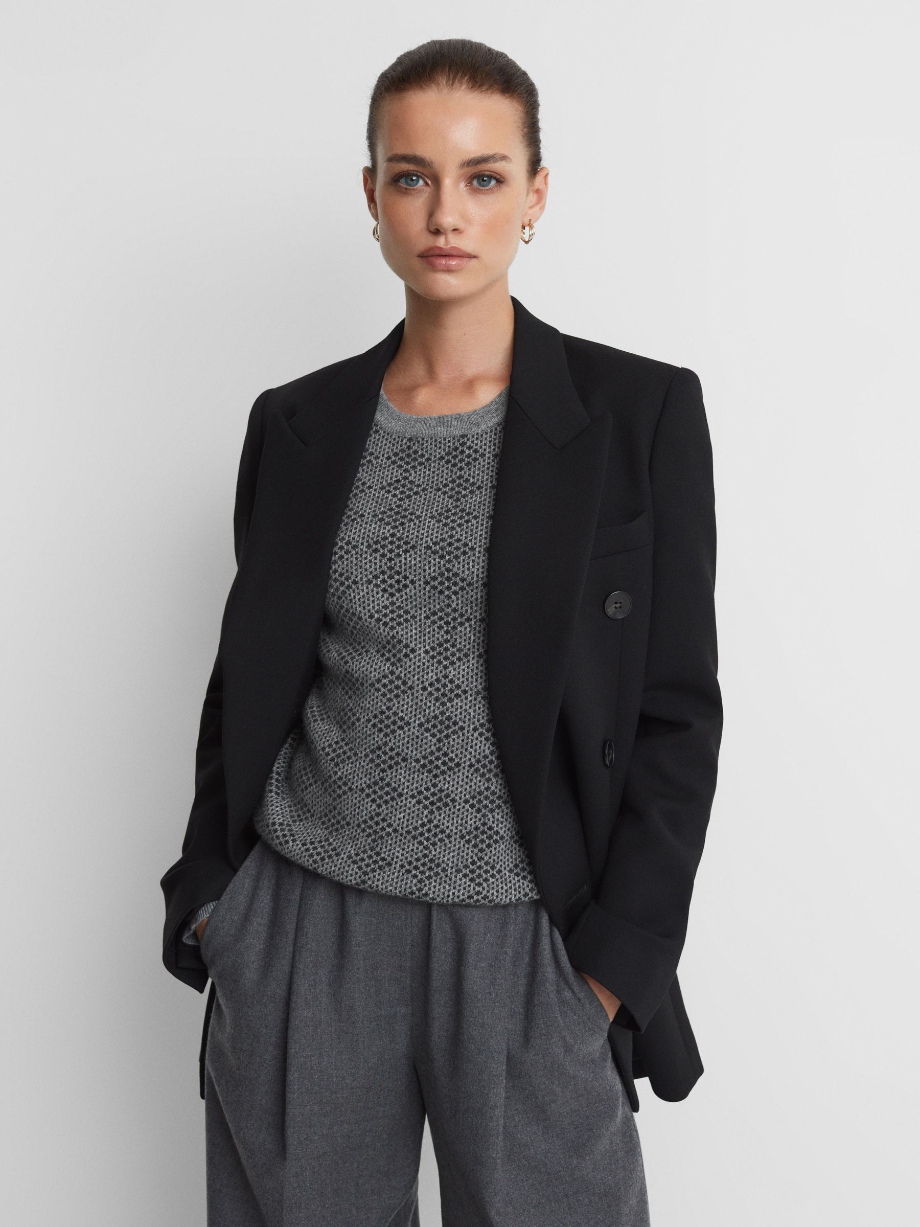 Madeleine Thompson Wool-Cashmere Check Puff Sleeve Jumper in Grey/Charcoal - Image 3 of 5
