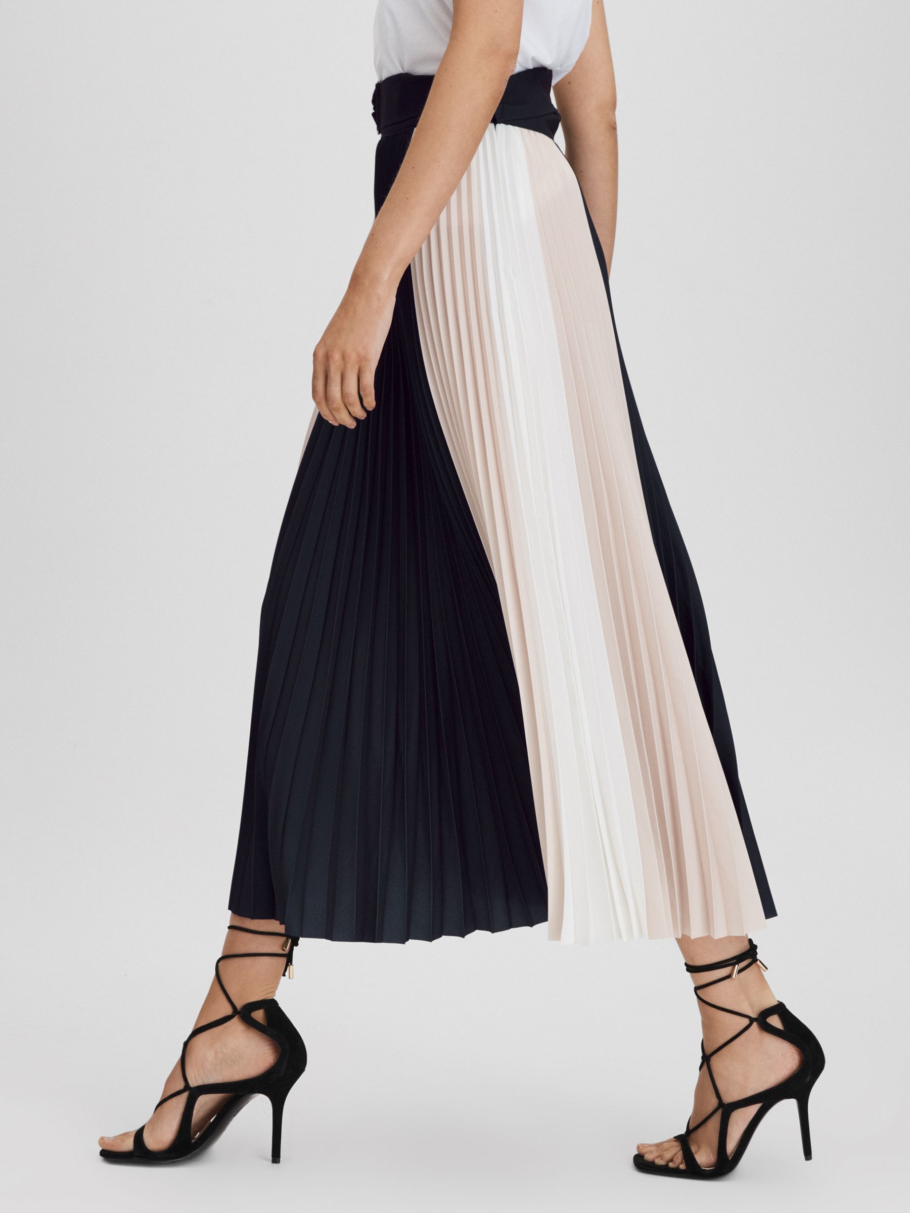 Colourblock Pleated Midi Skirt in Navy/Nude - Image 1 of 6