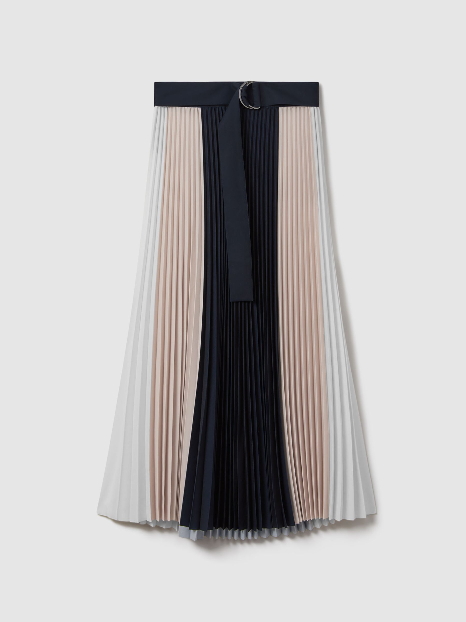 Colourblock Pleated Midi Skirt in Navy/Nude - Image 2 of 6
