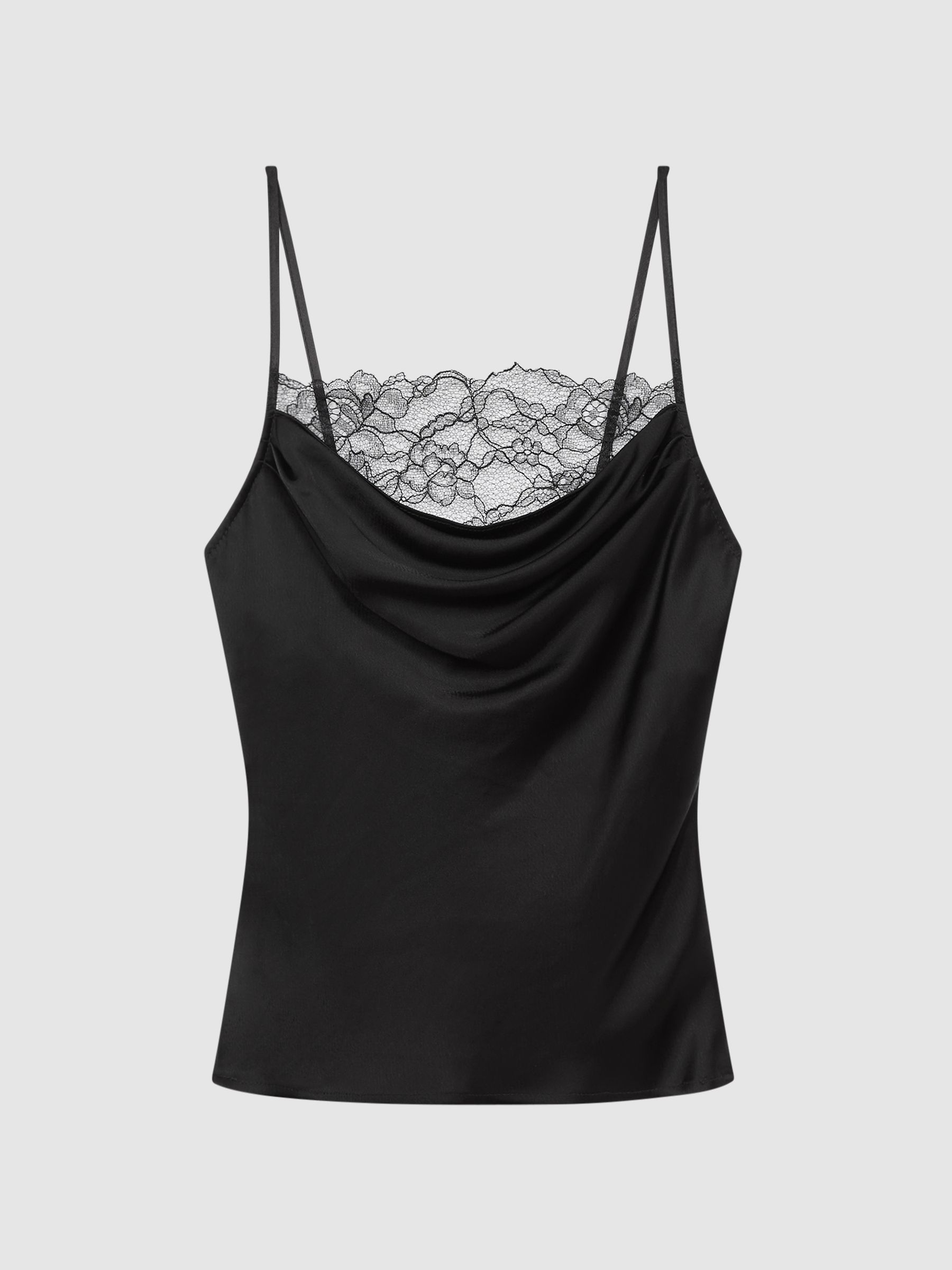 Anna Quan Satin Lace Cowl Neck Camisole in Black - Image 2 of 5
