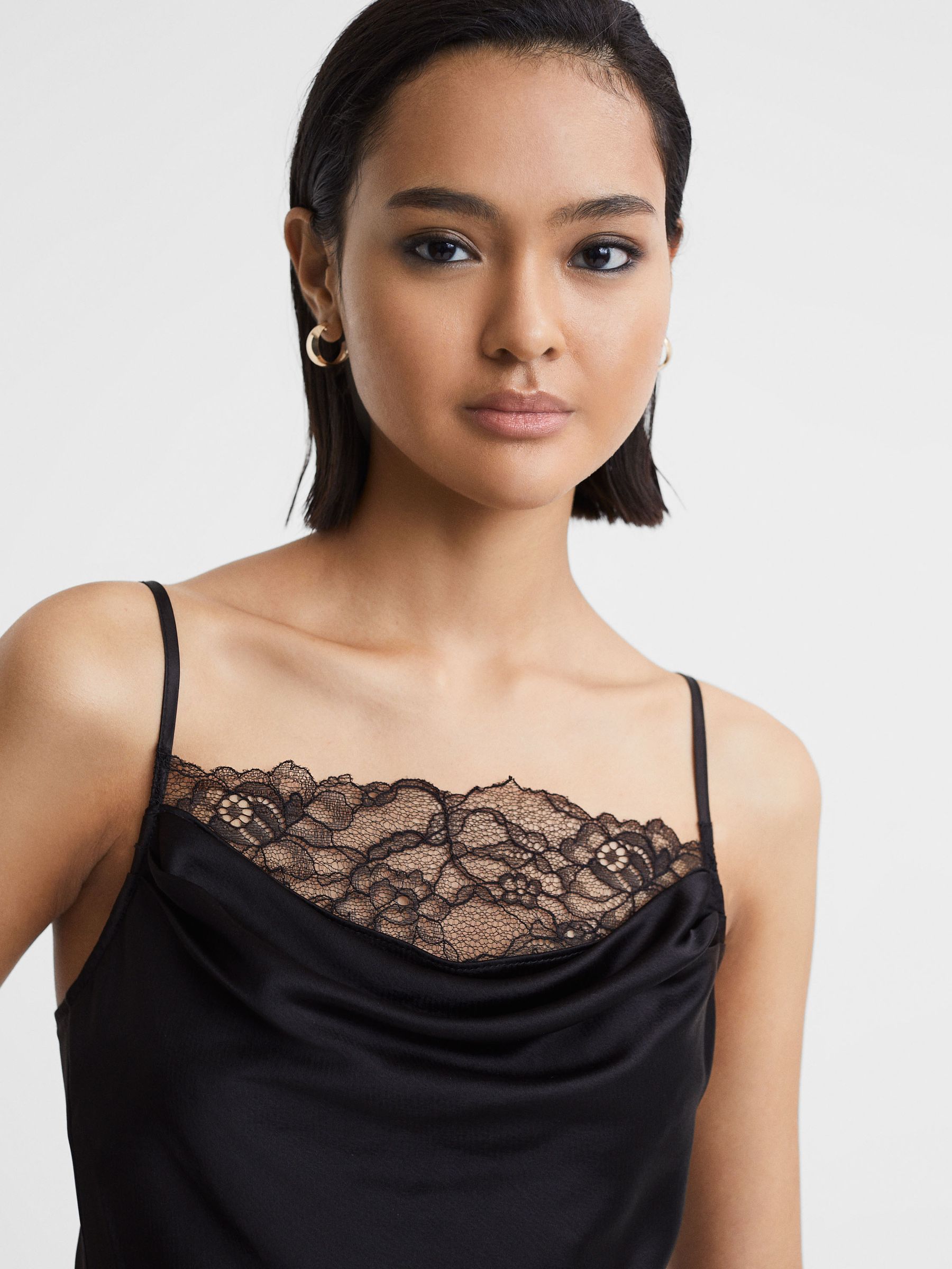 Anna Quan Satin Lace Cowl Neck Camisole in Black - Image 3 of 5