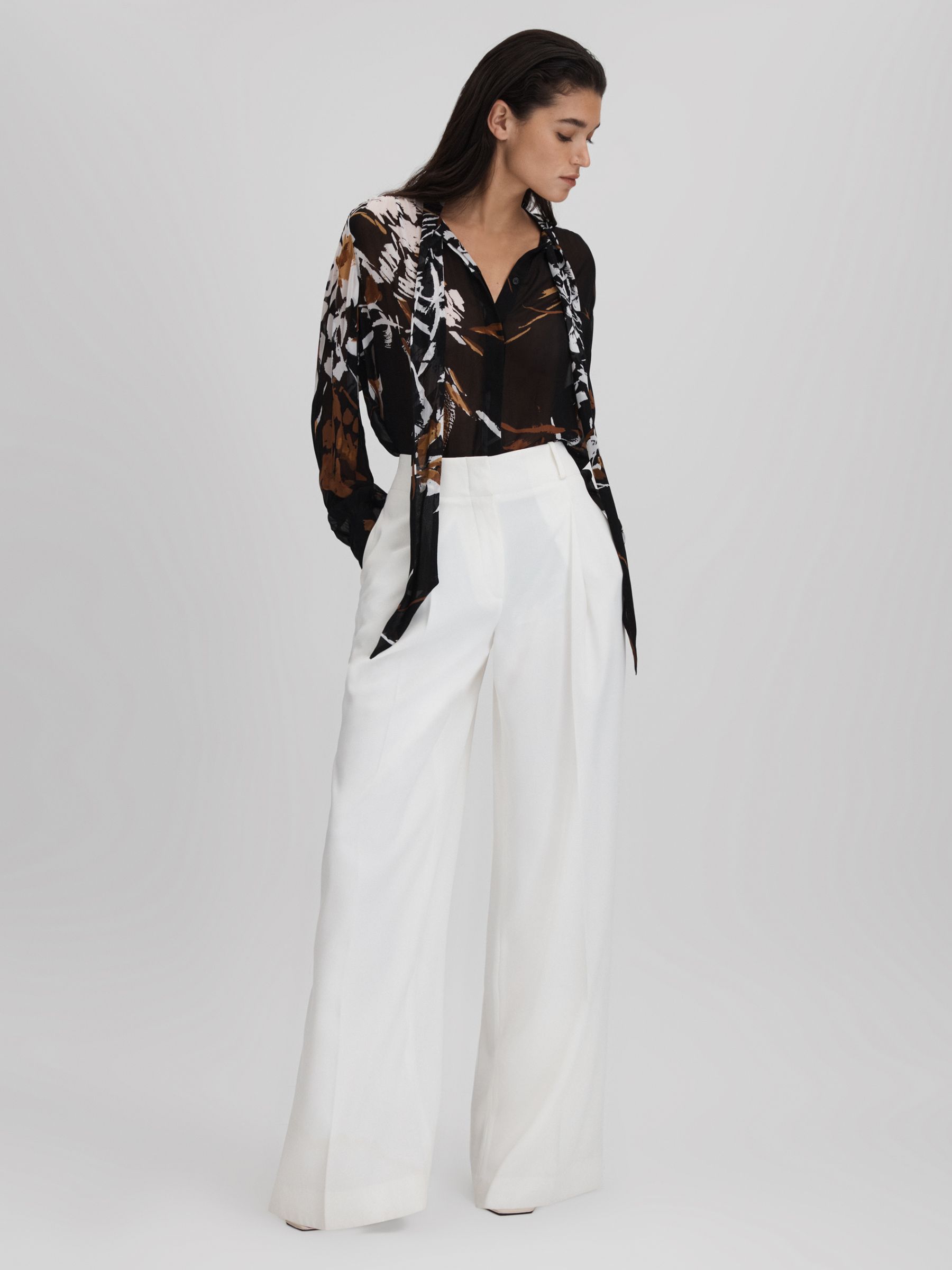 Floral Print Tie Neck Blouse in Black - Image 1 of 5