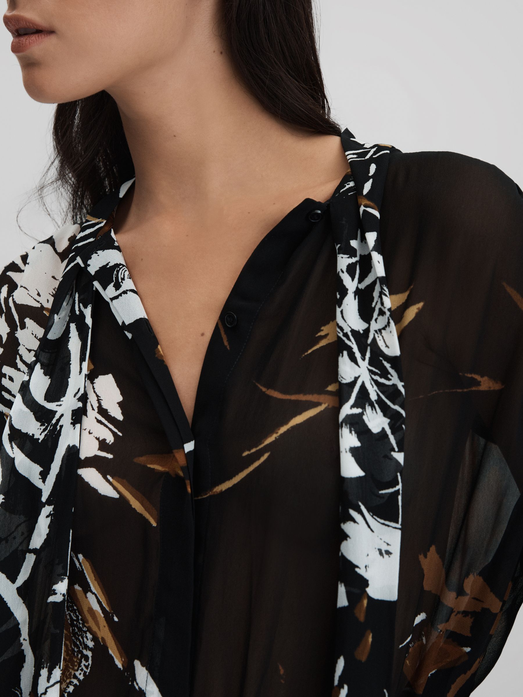 Floral Print Tie Neck Blouse in Black - Image 3 of 5
