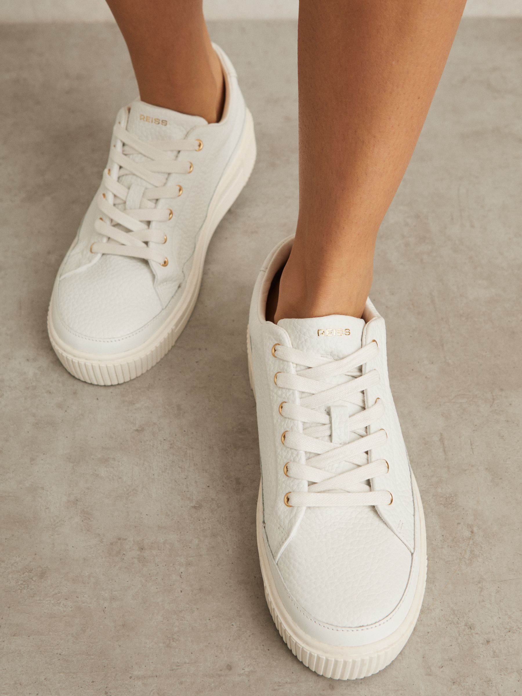 Grained Leather Platform Trainers in White - Image 2 of 5