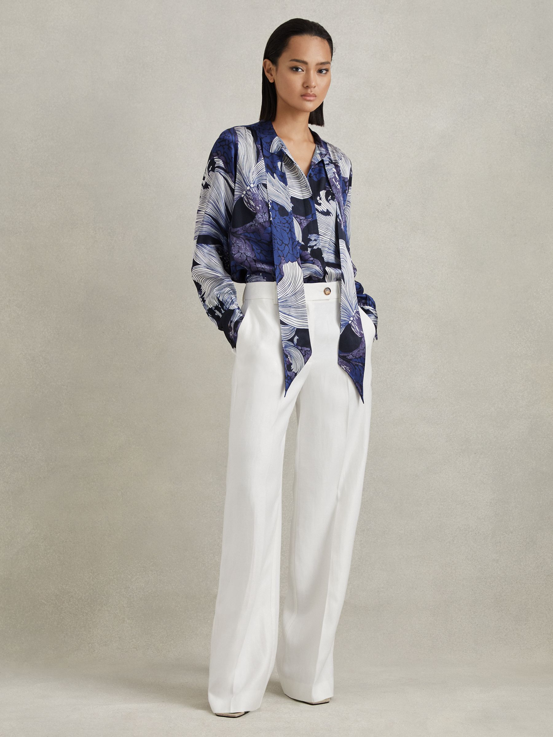 Satin Tie Neck Blouse in Blue - Image 3 of 6