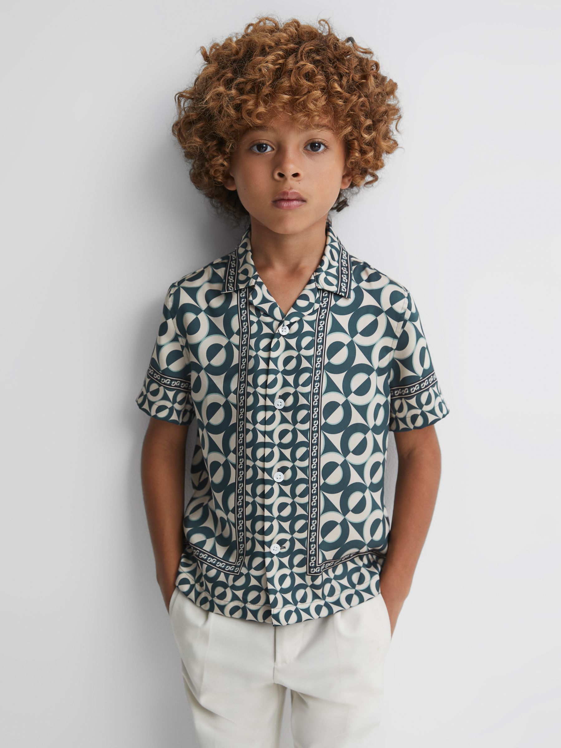 9-13 yrs Printed Cuban Collar Shirt in Hunting Green - Image 3 of 6