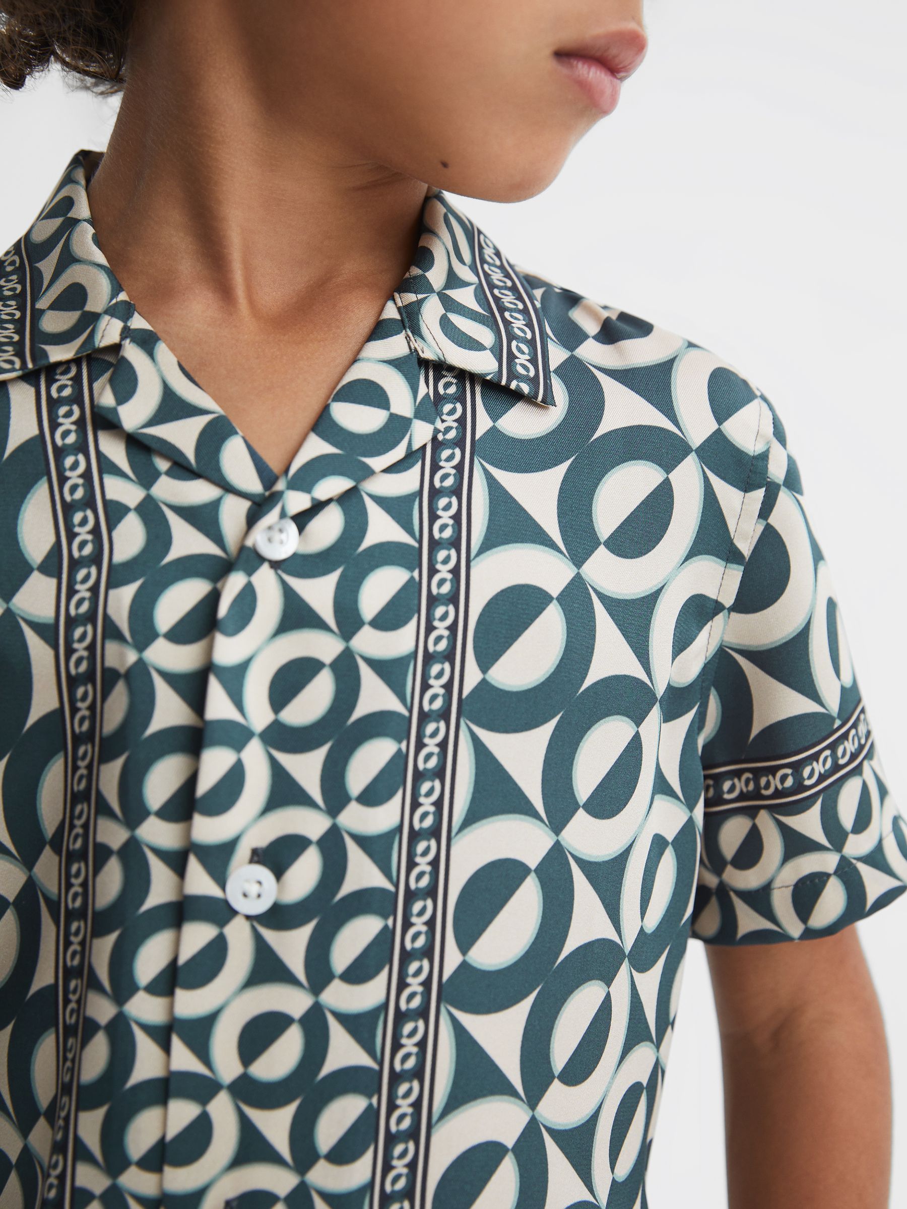 9-13 yrs Printed Cuban Collar Shirt in Hunting Green - Image 4 of 6