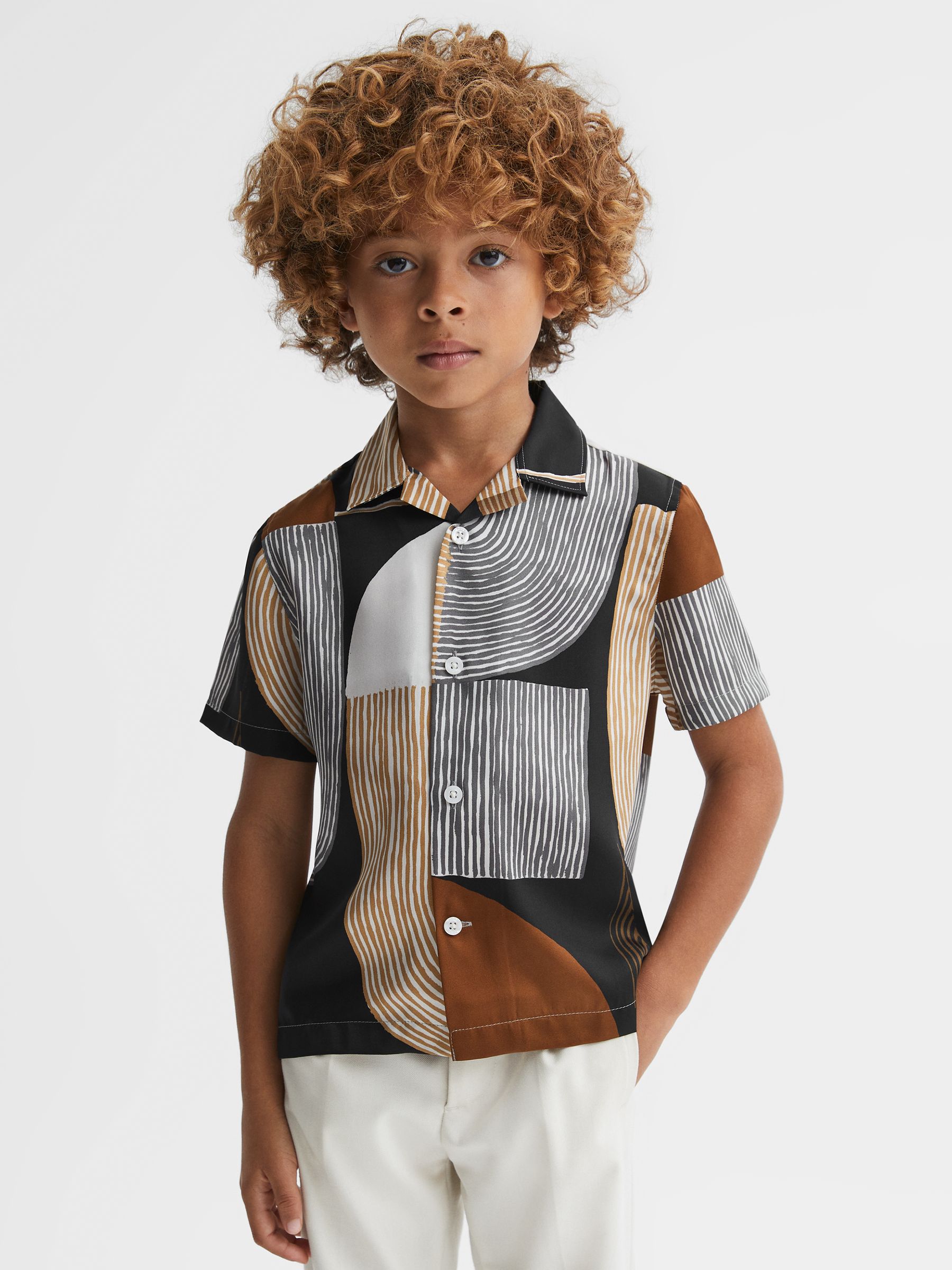9-13 yrs Printed Cuban Collar Shirt in Tobacco/Navy - Image 1 of 6