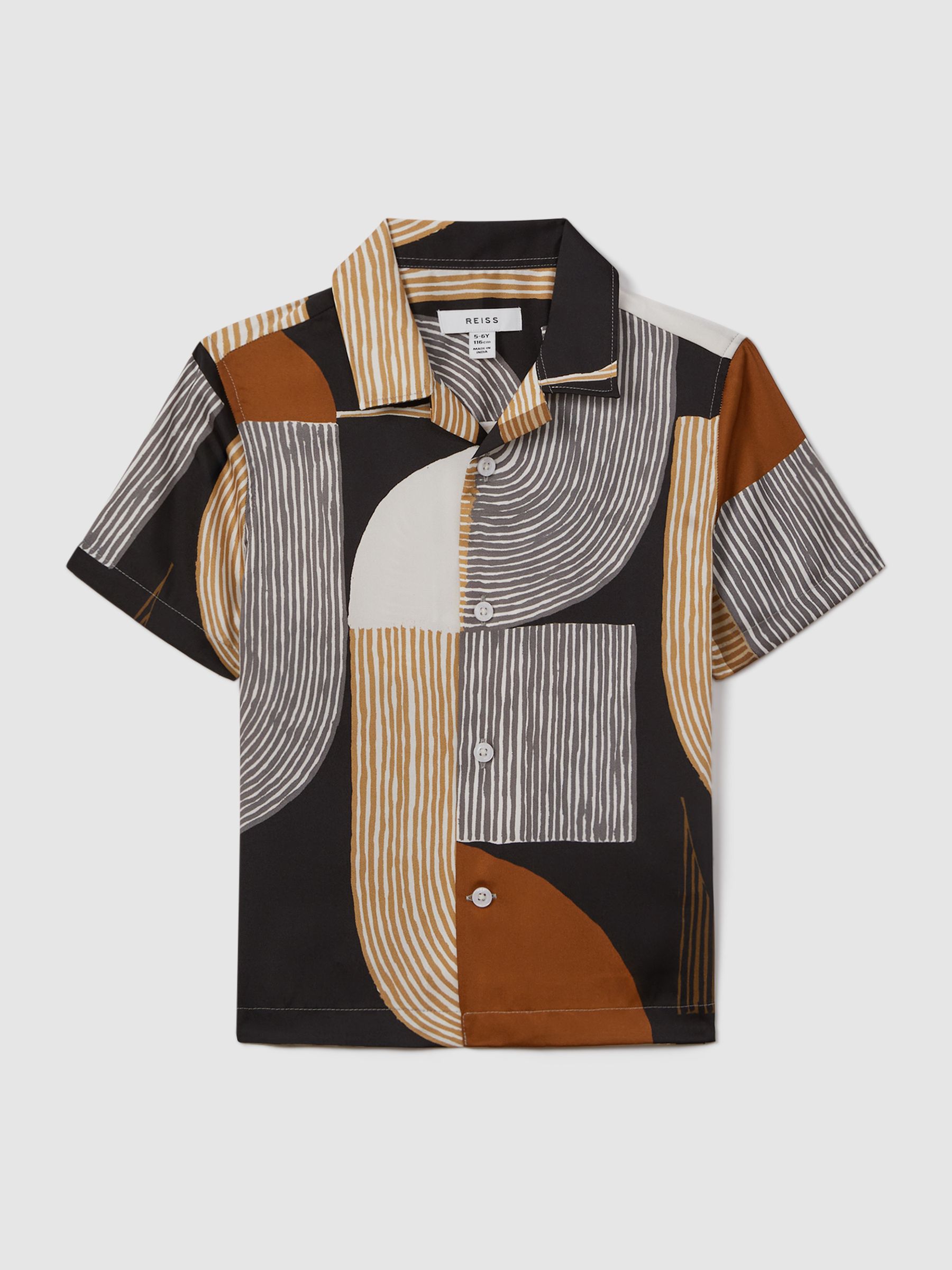 9-13 yrs Printed Cuban Collar Shirt in Tobacco/Navy - Image 2 of 6