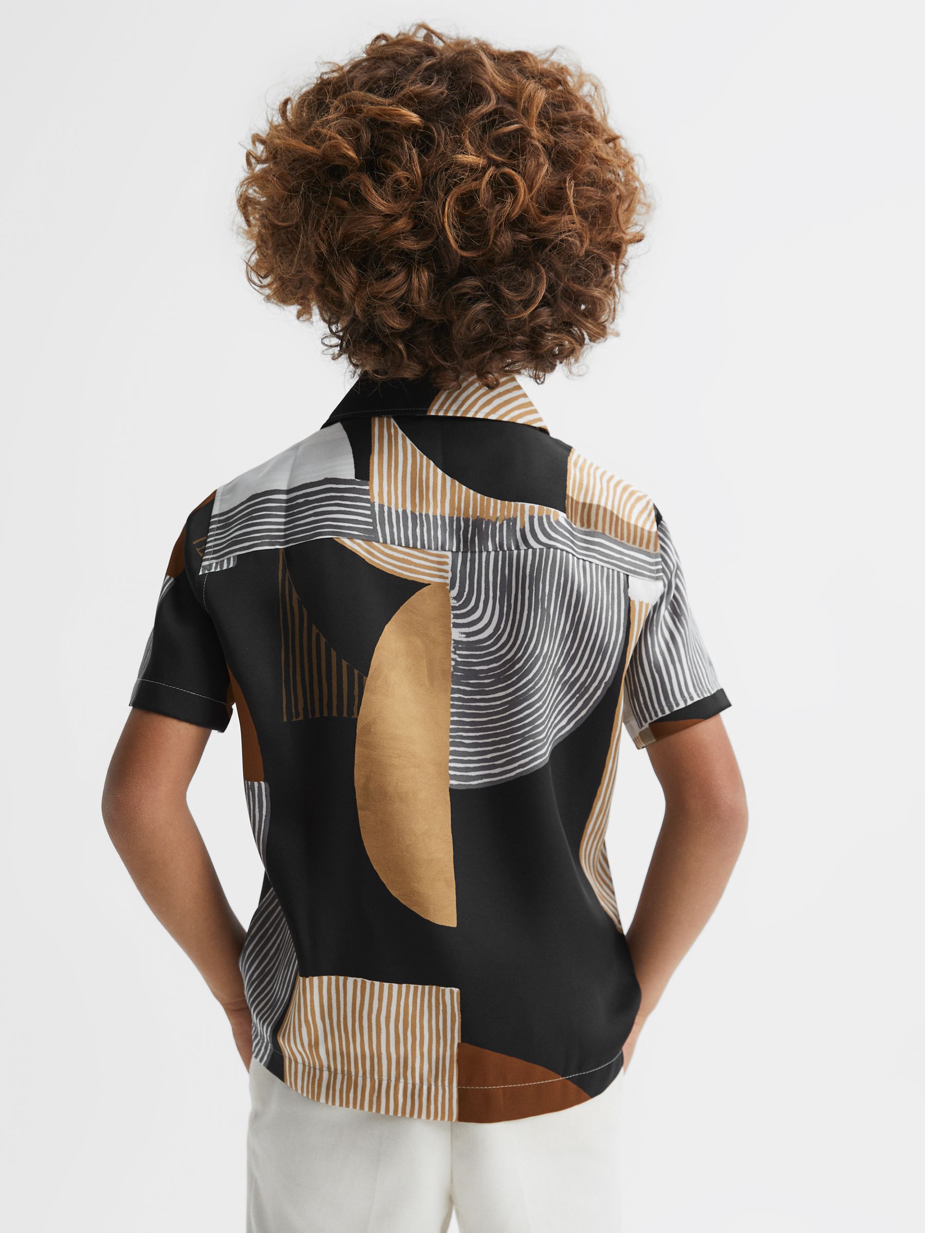 9-13 yrs Printed Cuban Collar Shirt in Tobacco/Navy - Image 5 of 6