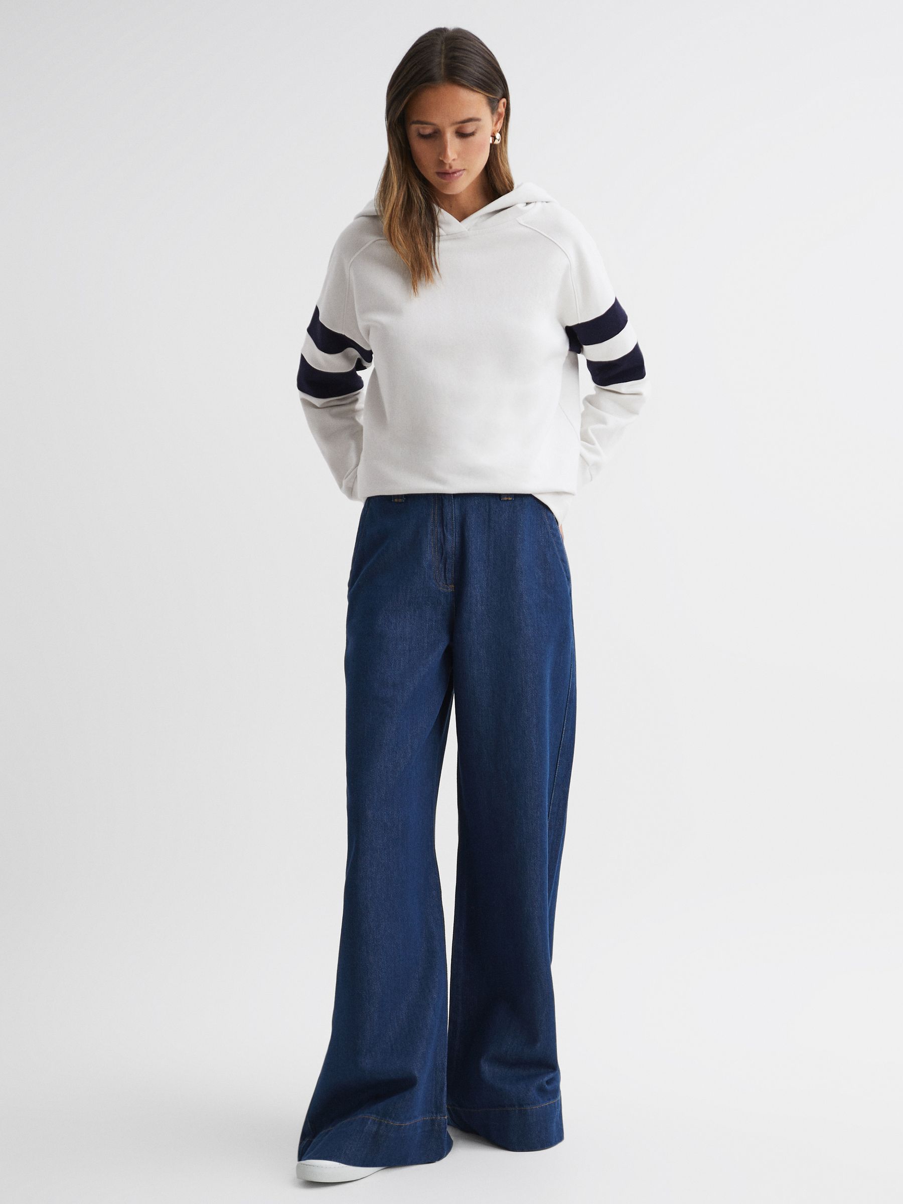 Cotton Blend Striped Hoodie in Neutral/Navy - Image 3 of 5