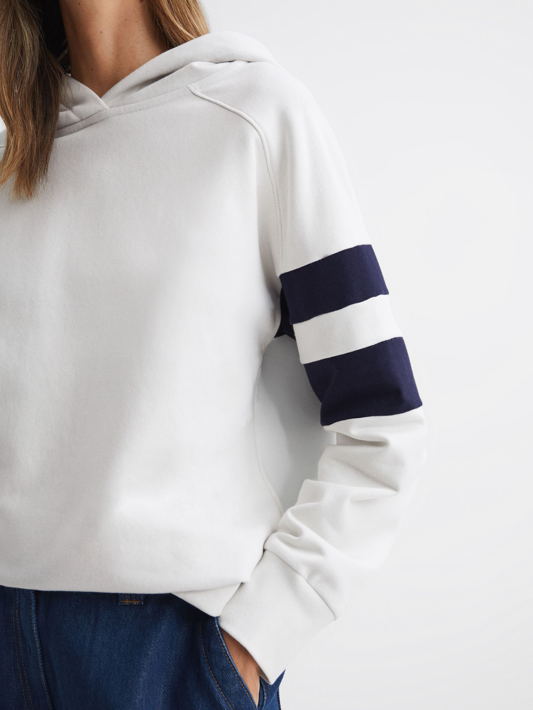 Cotton Blend Striped Hoodie in Neutral/Navy - Image 4 of 5