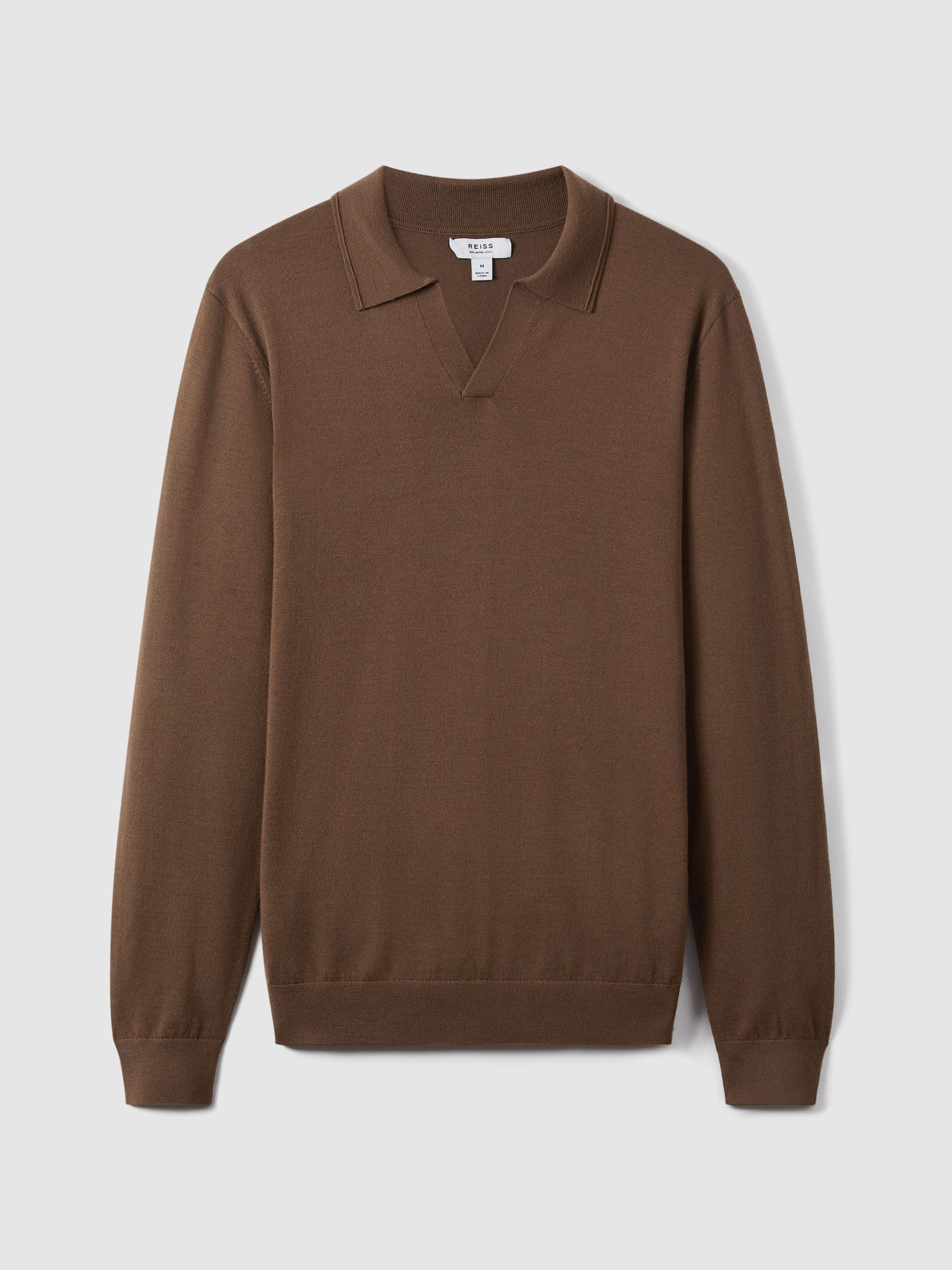 Merino Wool Half-Zip Polo Shirt in Pecan Brown - Image 2 of 6