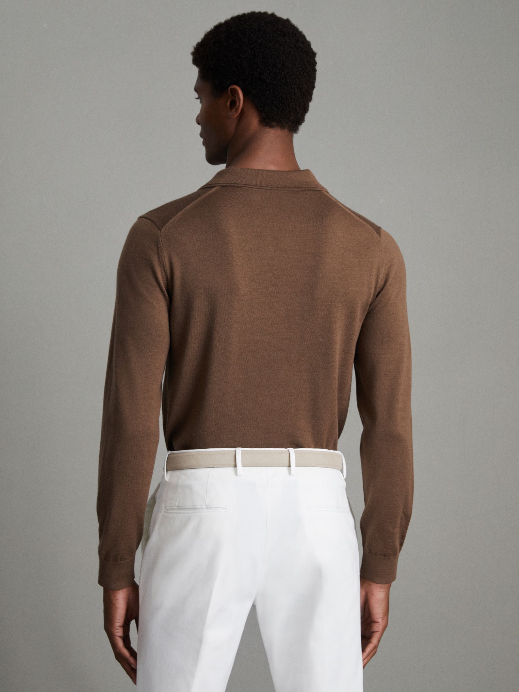 Merino Wool Half-Zip Polo Shirt in Pecan Brown - Image 4 of 6