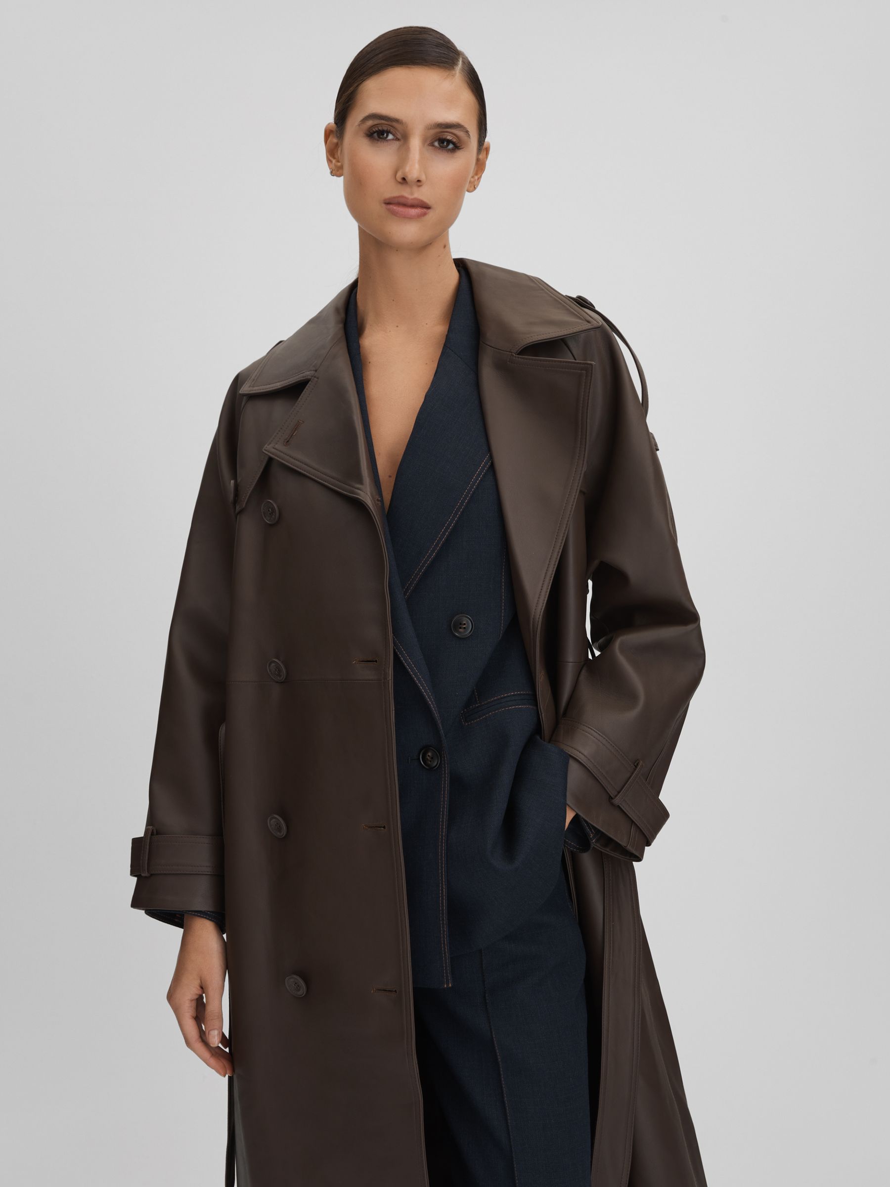 Meotine Leather Mid Length Trenchcoat in Dark Brown - Image 3 of 9