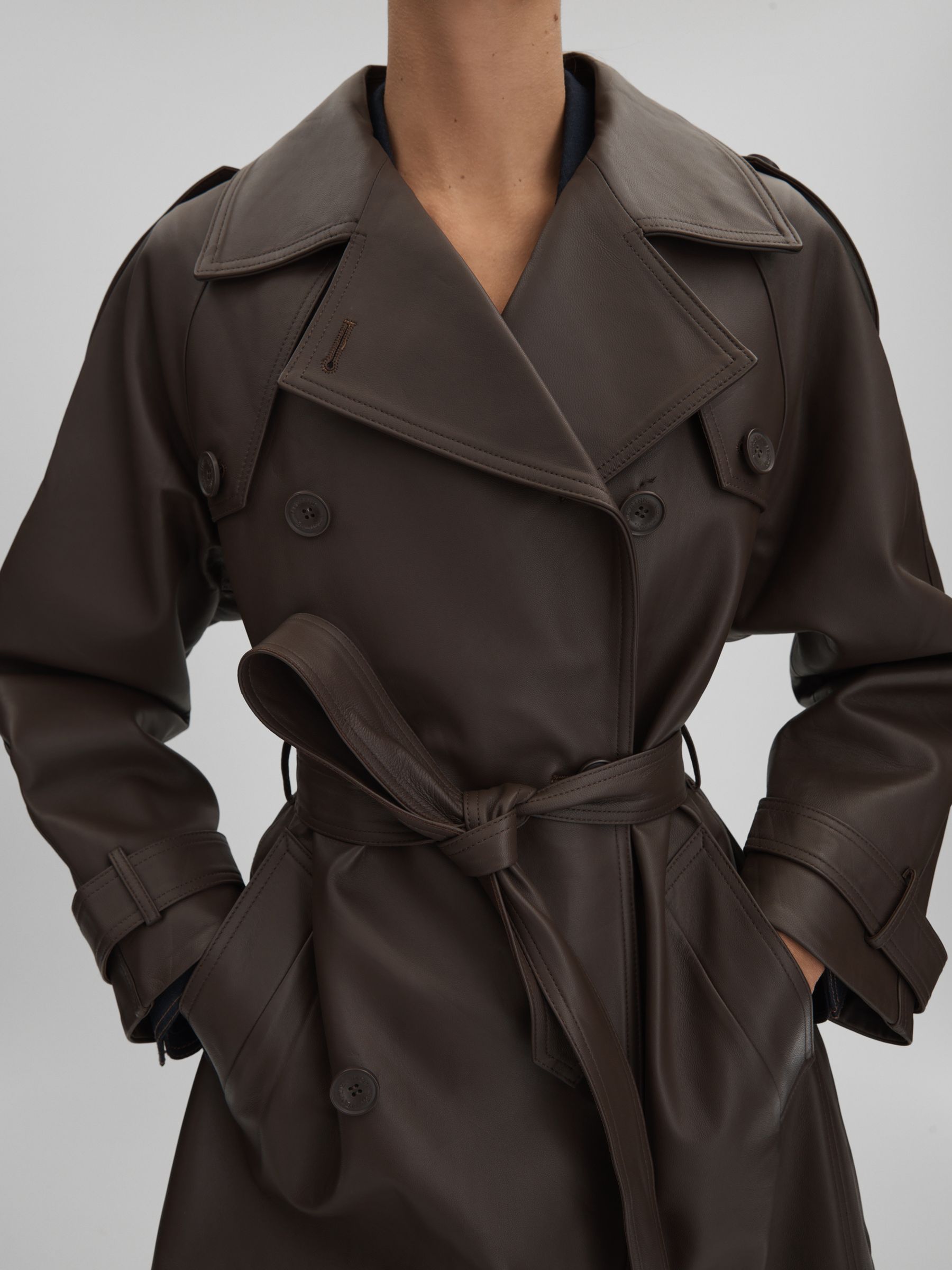 Meotine Leather Mid Length Trenchcoat in Dark Brown - Image 4 of 9