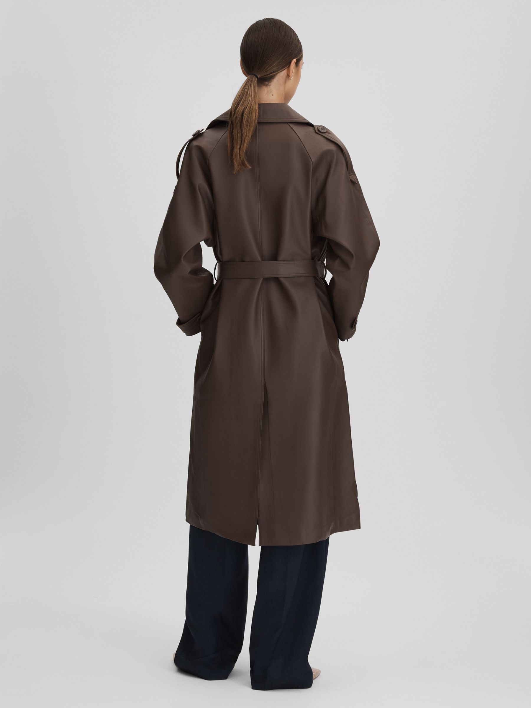 Meotine Leather Mid Length Trenchcoat in Dark Brown - Image 5 of 9