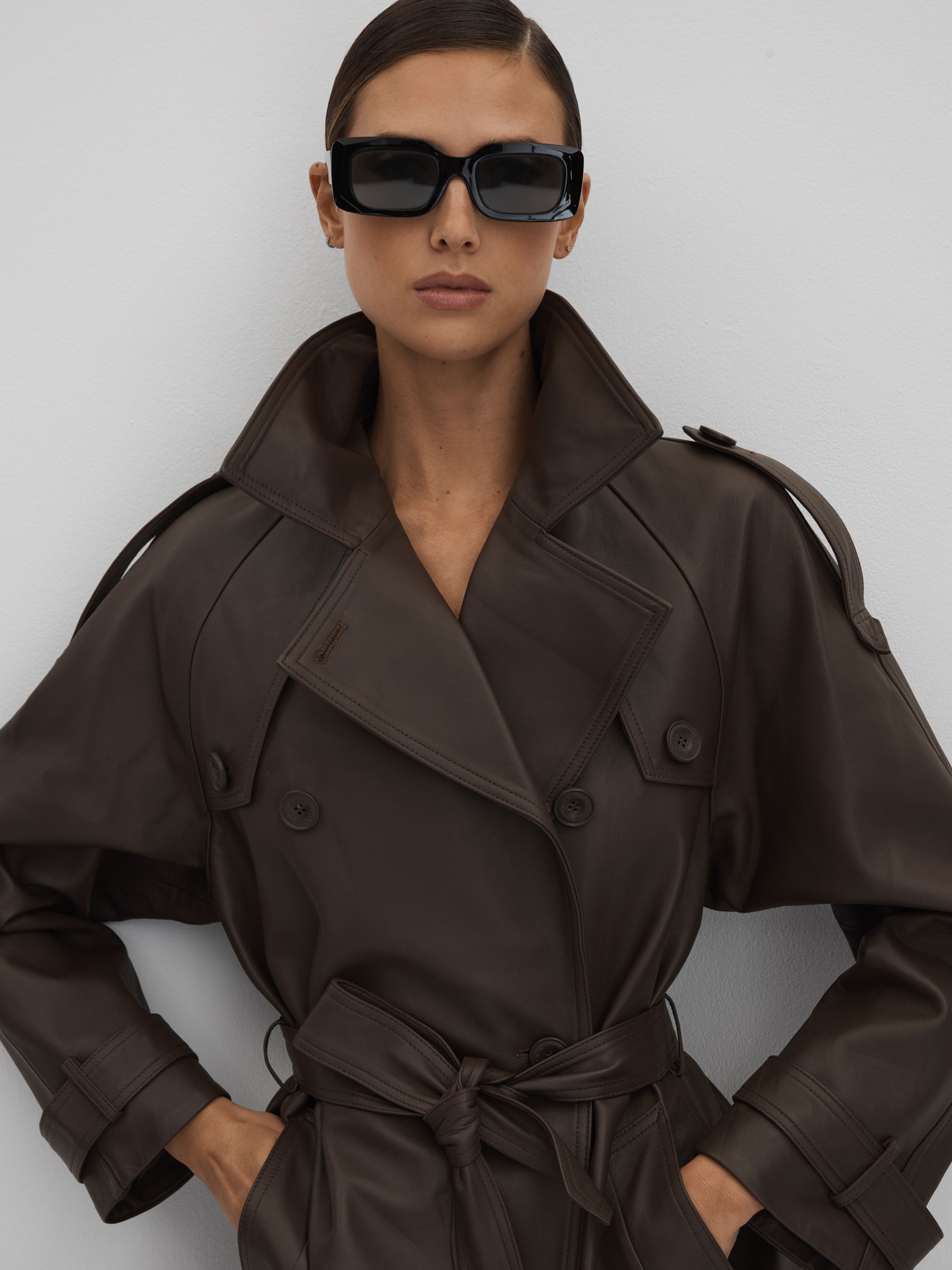 Meotine Leather Mid Length Trenchcoat in Dark Brown - Image 6 of 9