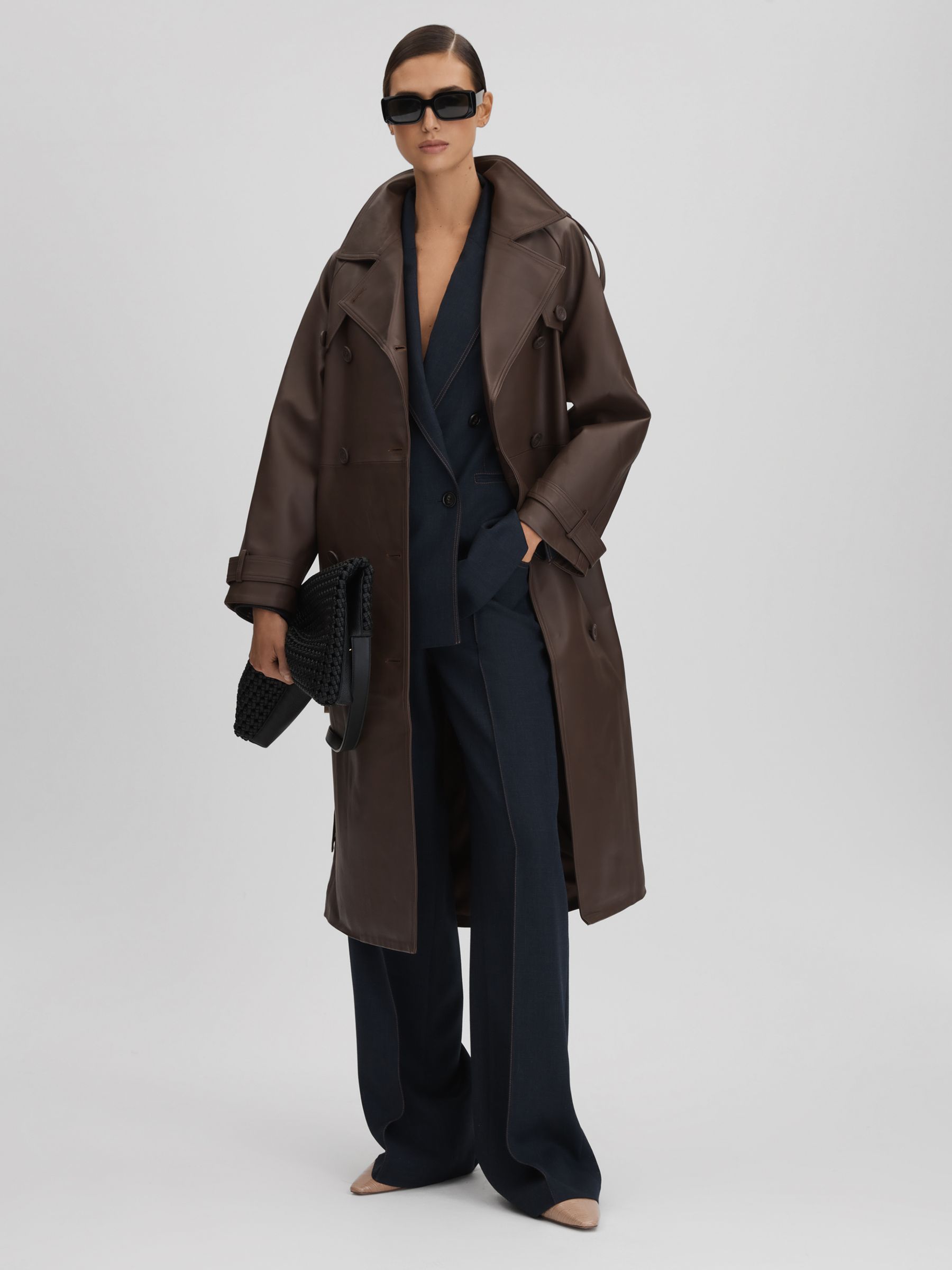 Meotine Leather Mid Length Trenchcoat in Dark Brown - Image 7 of 9