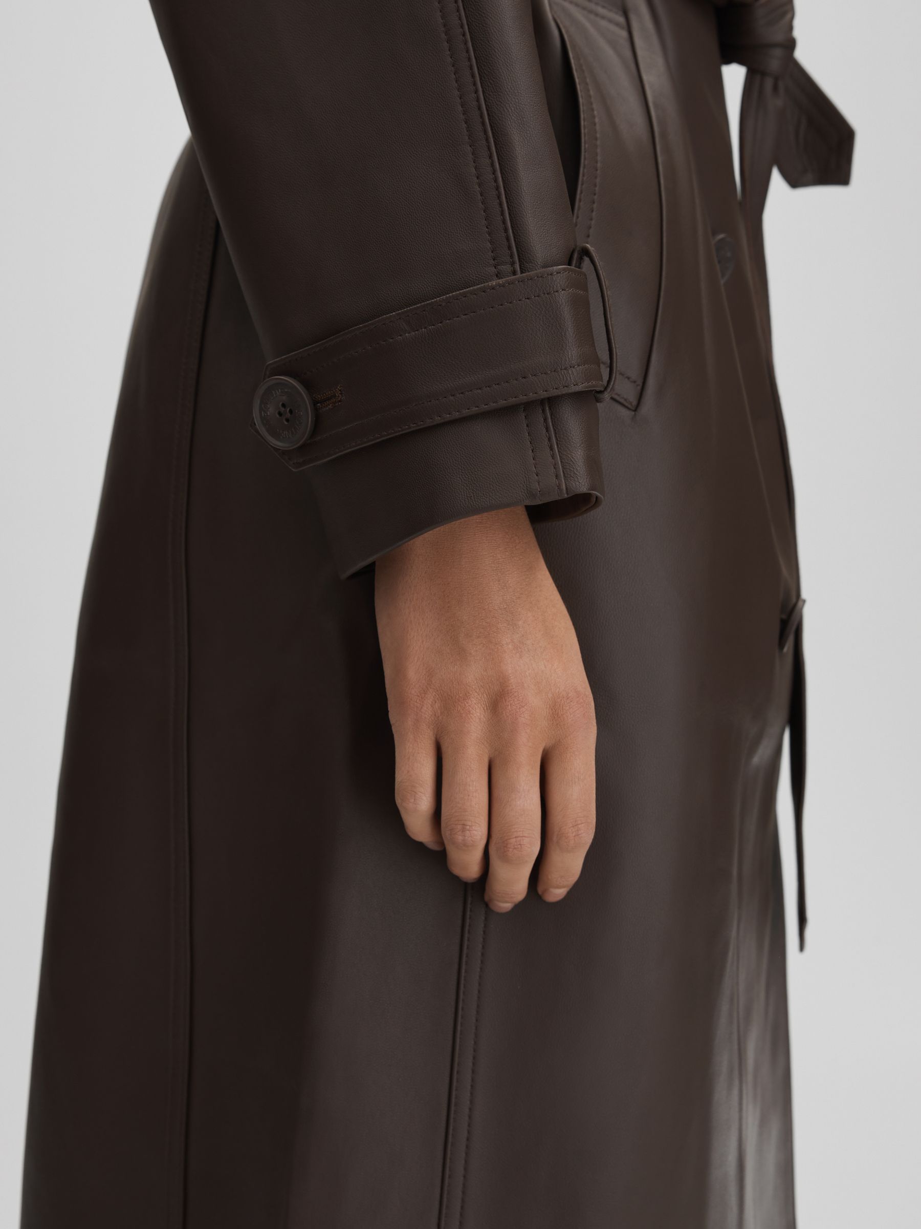 Meotine Leather Mid Length Trenchcoat in Dark Brown - Image 8 of 9