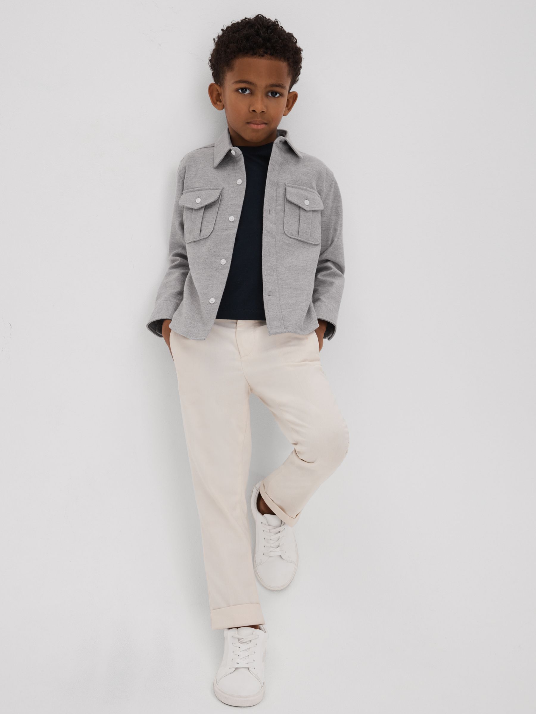 3-9 yrs Brushed Cotton Patch Pocket Overshirt in Soft Grey - Image 1 of 4