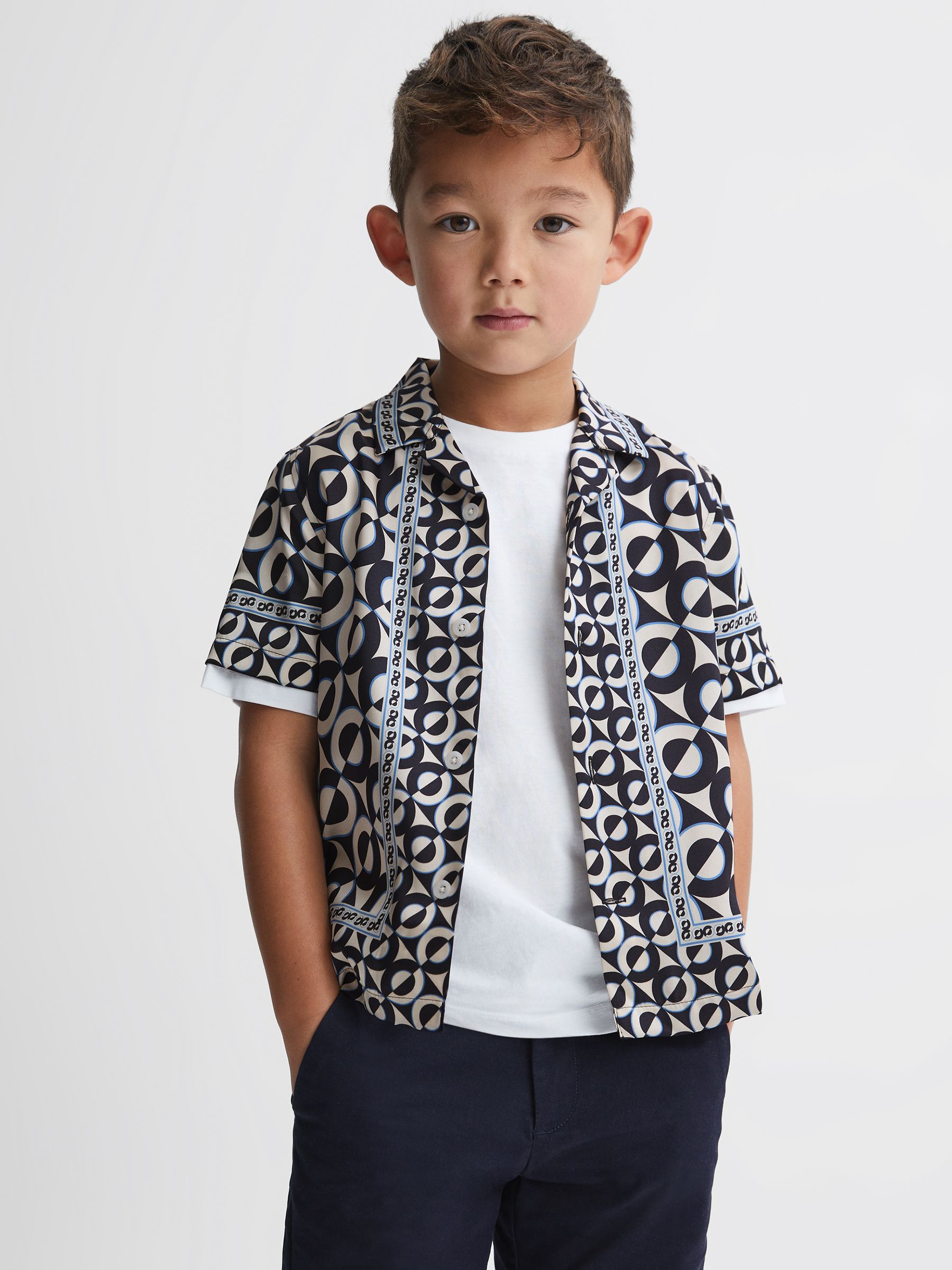 9-13 yrs Printed Cuban Collar Shirt in Lapis Blue - Image 1 of 6