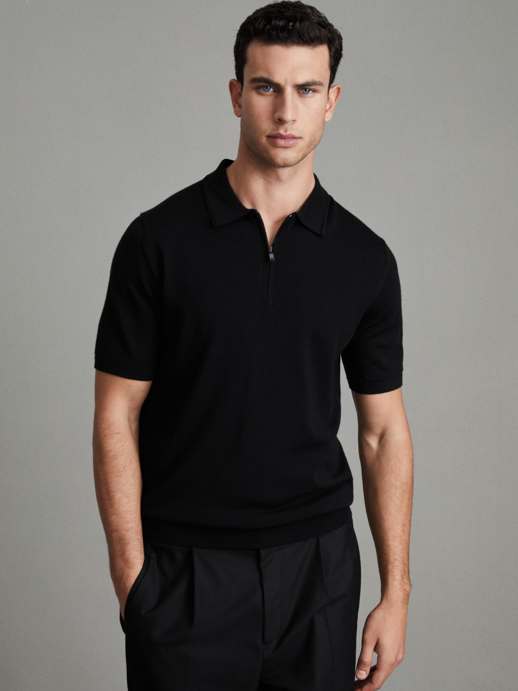Reiss Maxwell Black/Gunmetal Merino Wool Half-Zip Polo Shirt - REISS