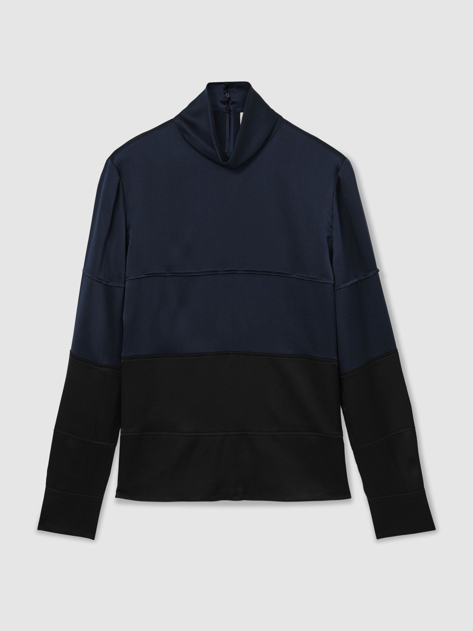 Atelier Silk Colour-Block High-Neck Blouse in Navy/Black - Image 2 of 6