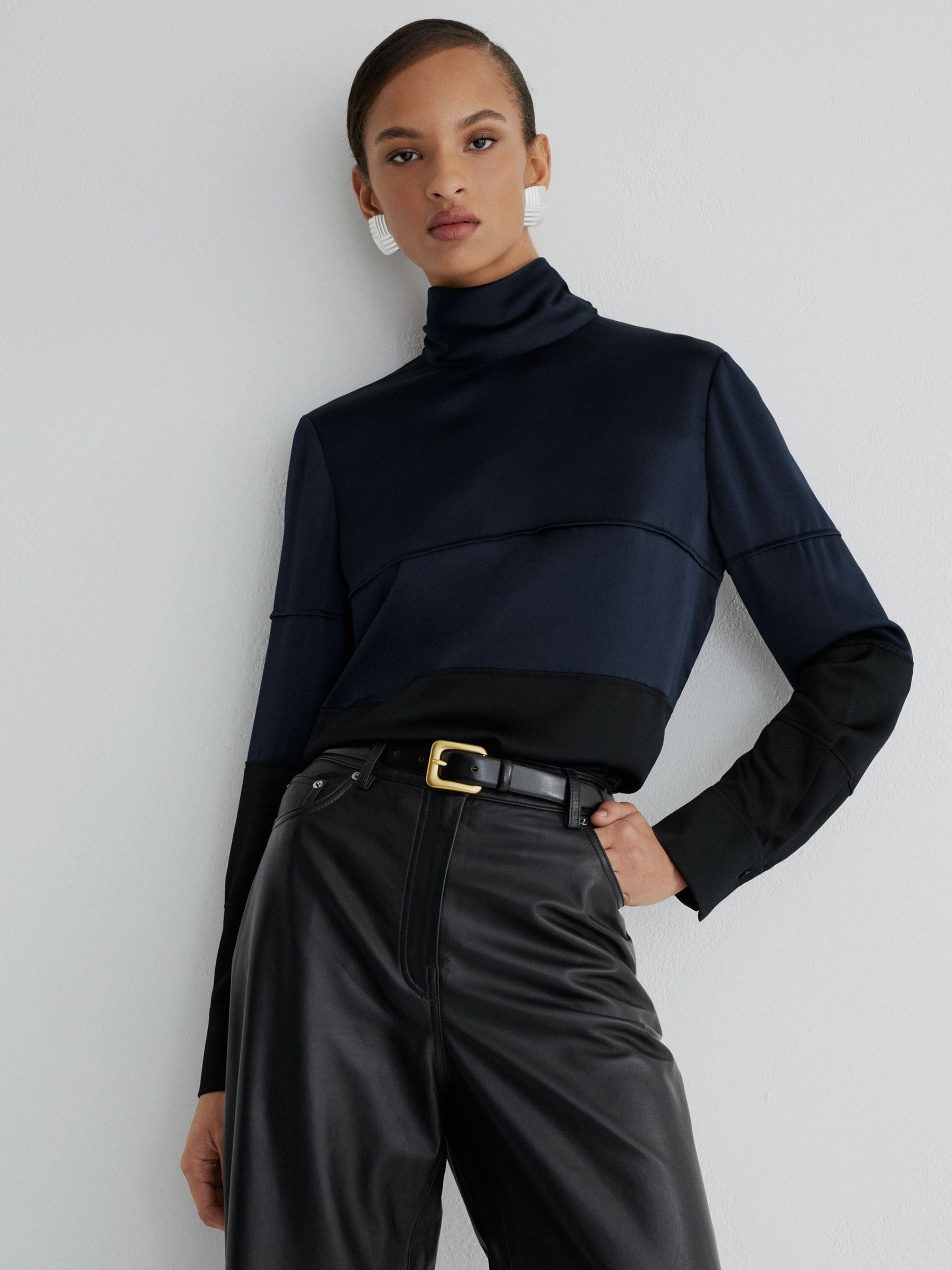 Atelier Silk Colour-Block High-Neck Blouse in Navy/Black - Image 3 of 6
