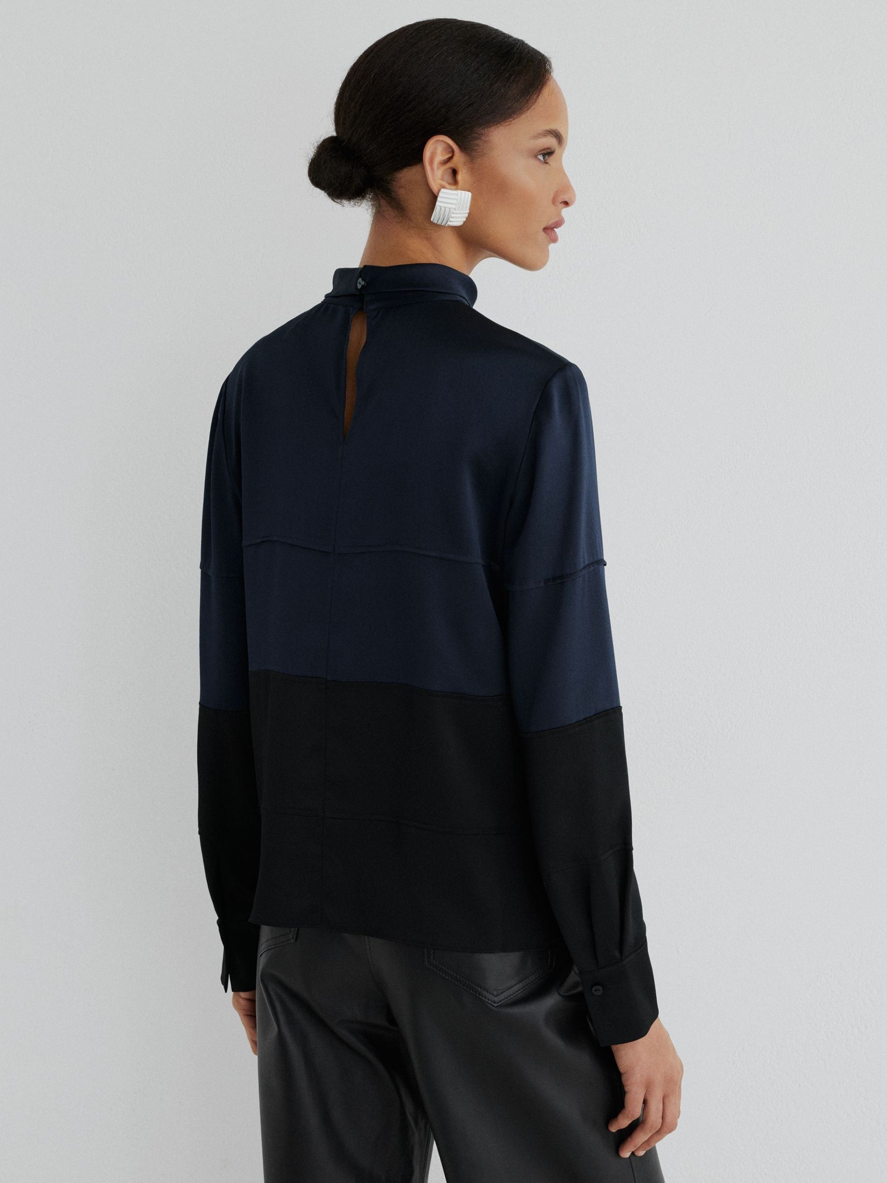 Atelier Silk Colour-Block High-Neck Blouse in Navy/Black - Image 5 of 6